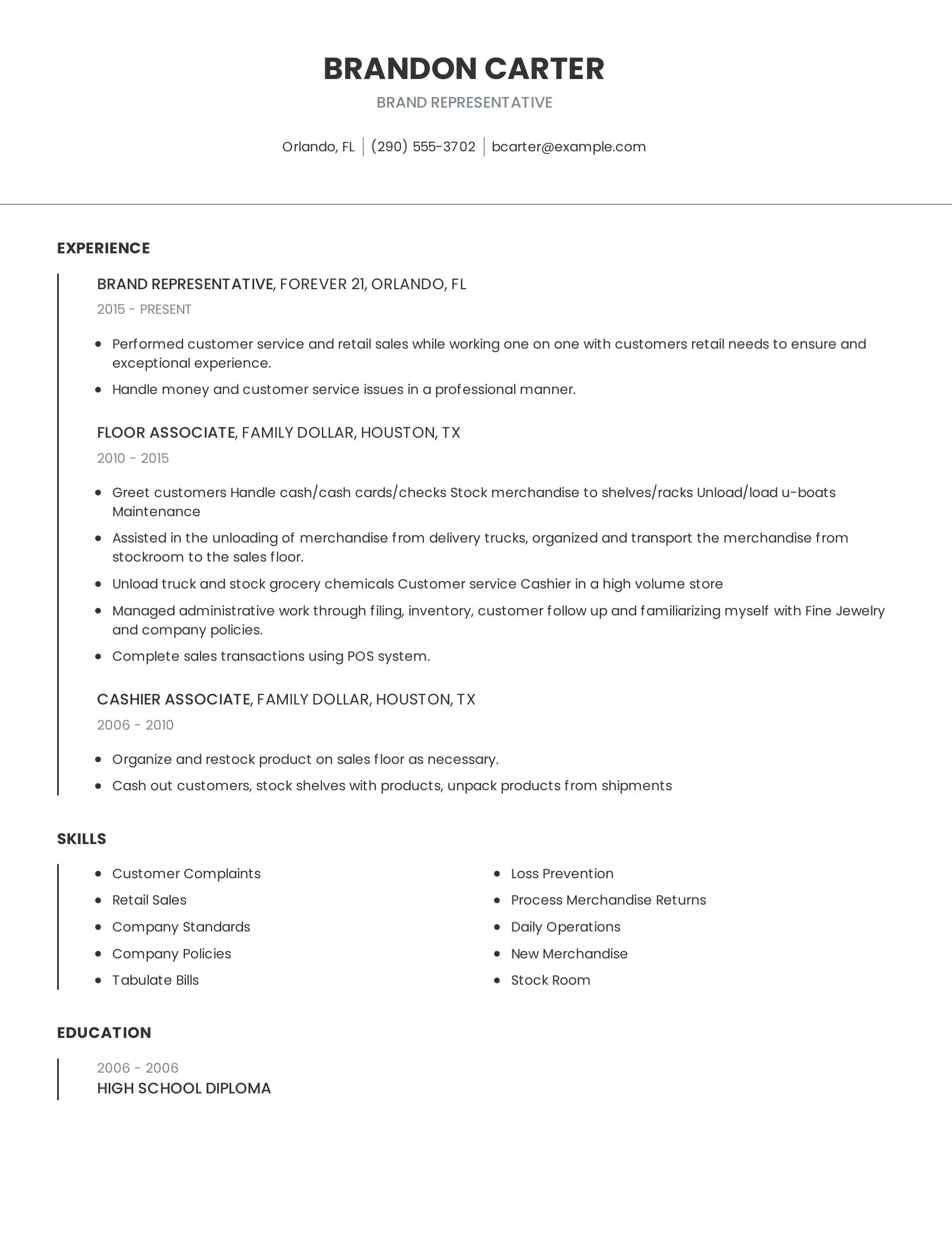 Brand Representative resume example