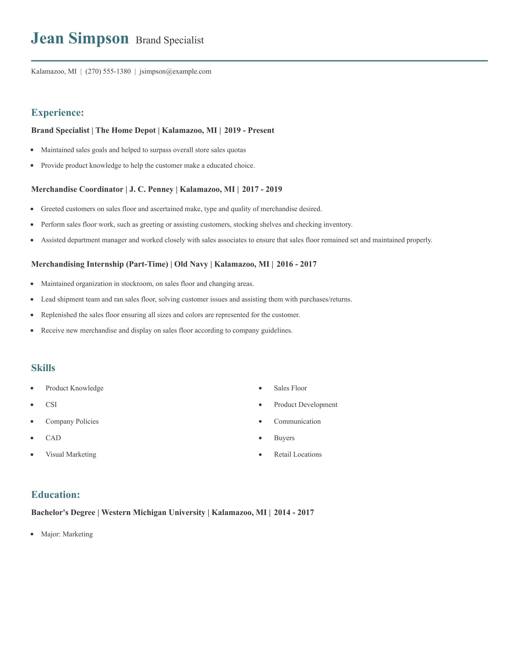 Brand Specialist resume example