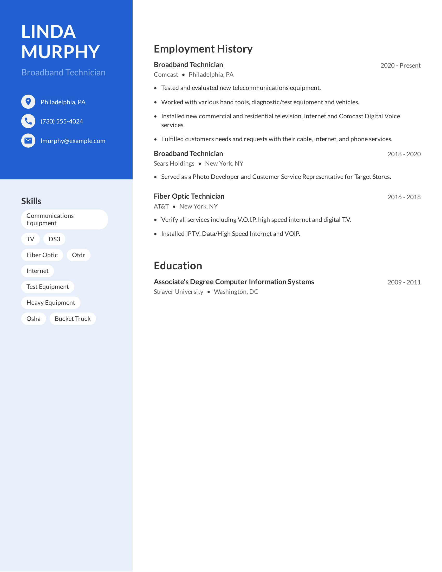 Broadband Technician resume example