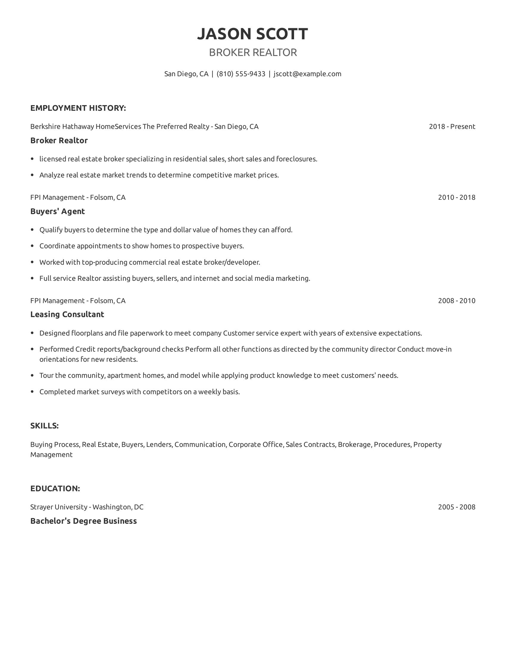 Broker Realtor resume example