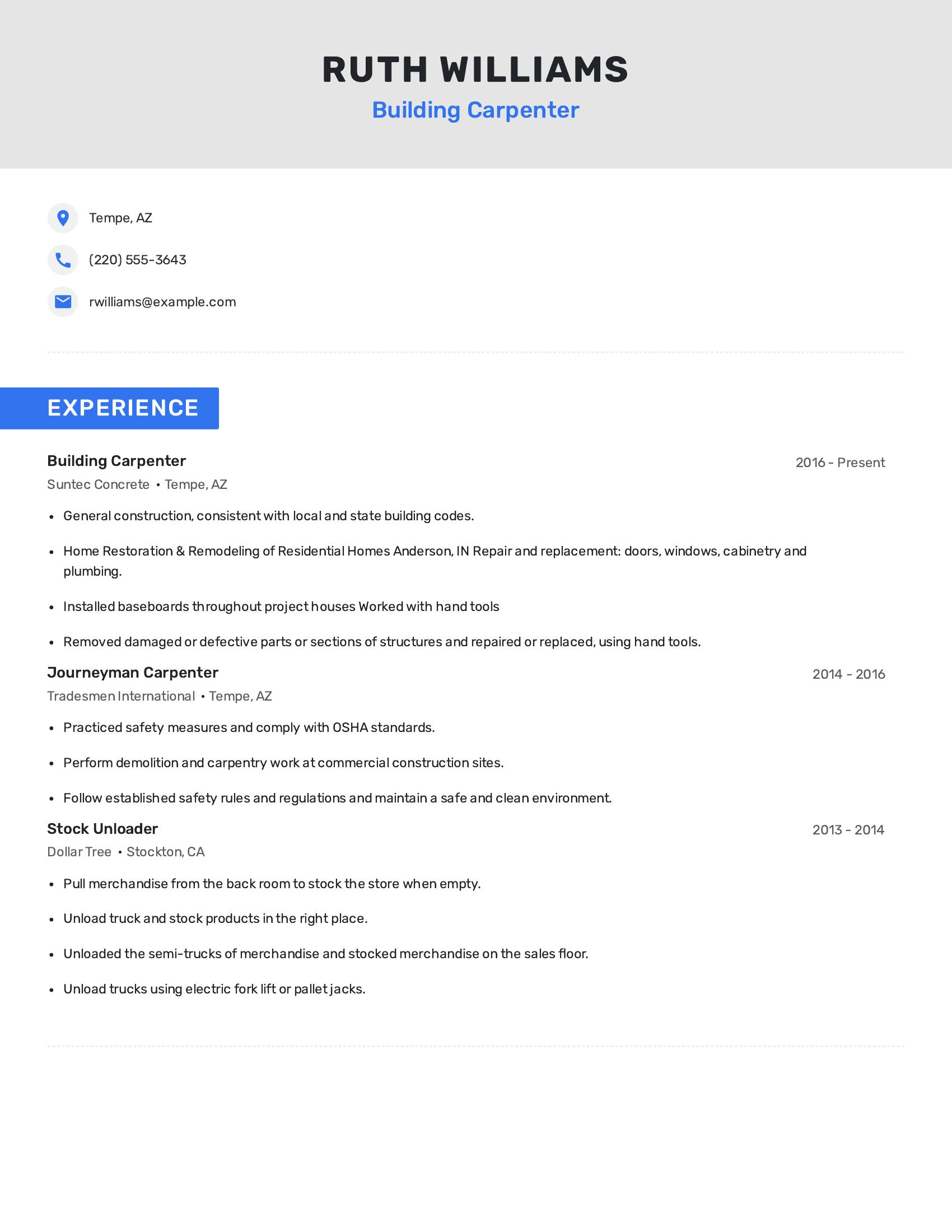 Building Carpenter resume example