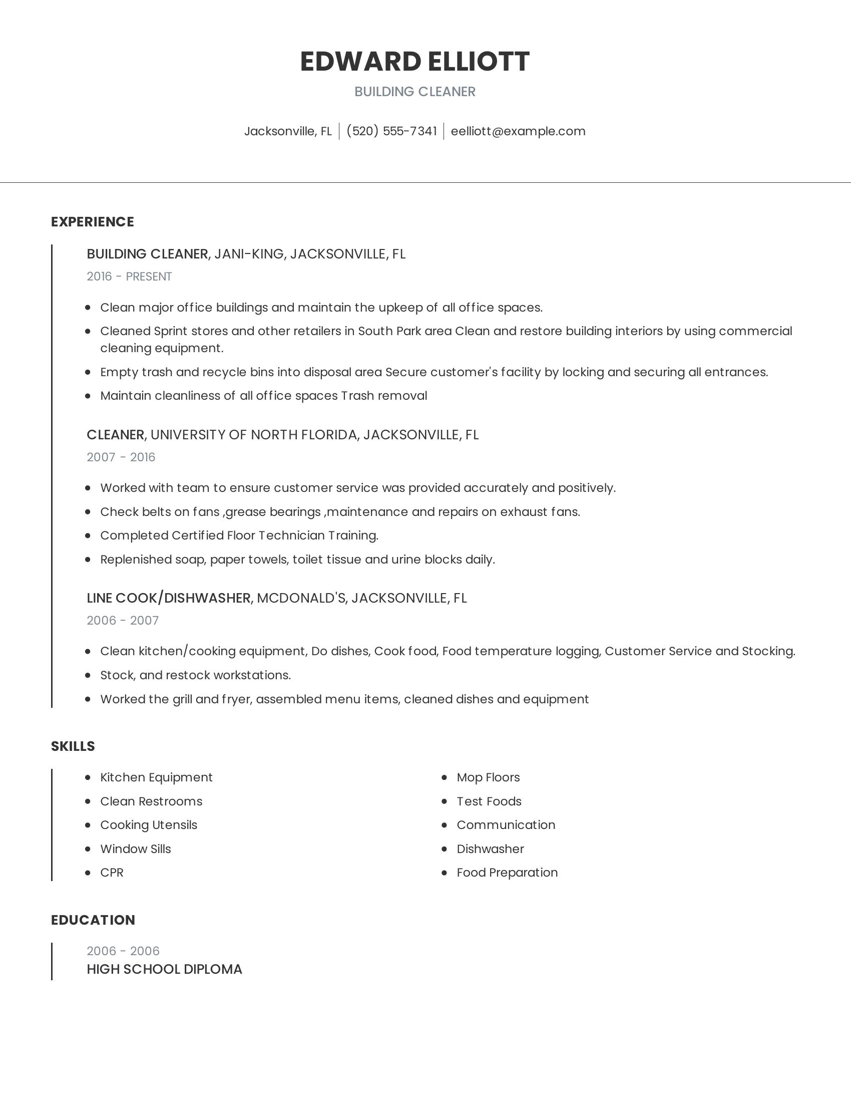 Building Cleaner resume example