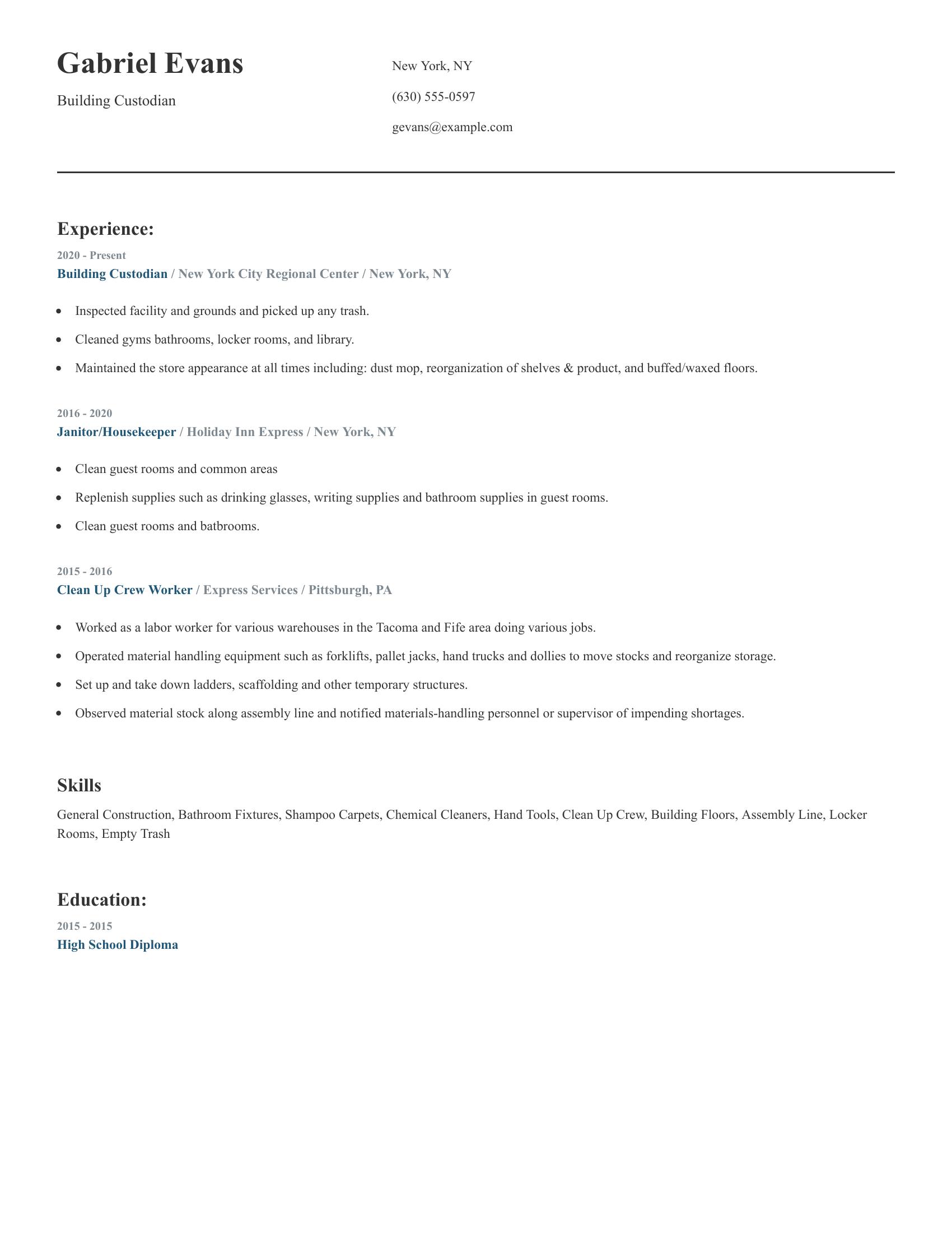 Building Custodian resume example