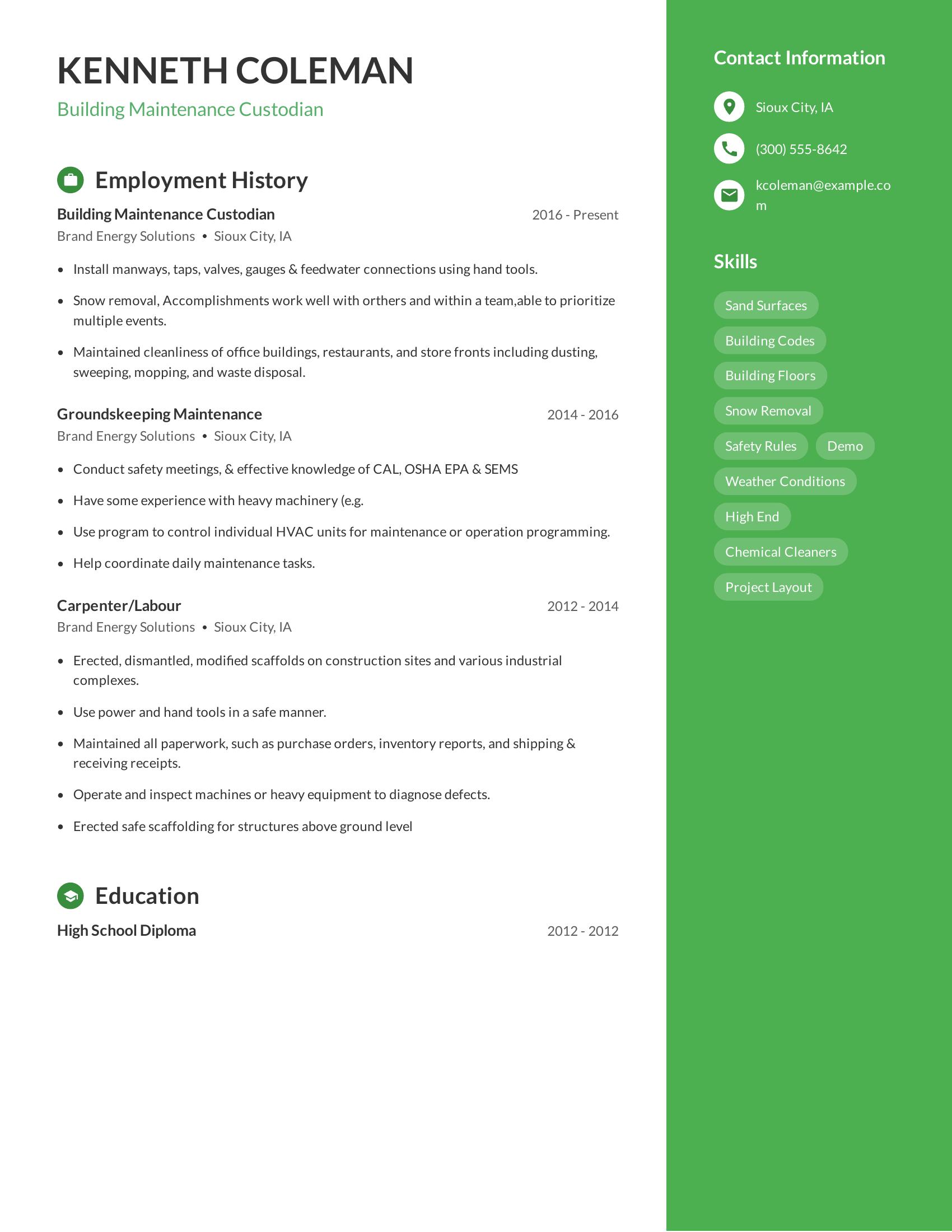 Building Maintenance Custodian resume example