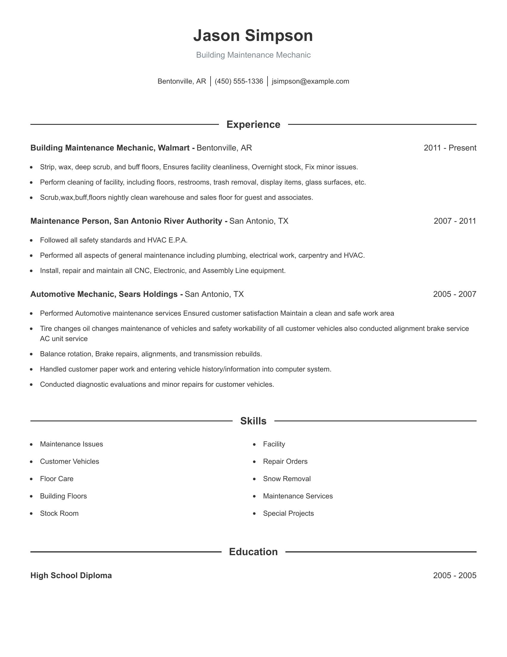 Building Maintenance Mechanic resume example