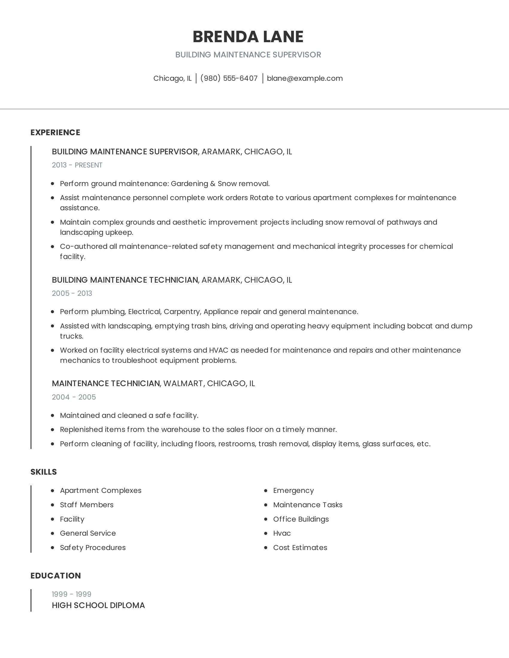 Building Maintenance Supervisor resume example