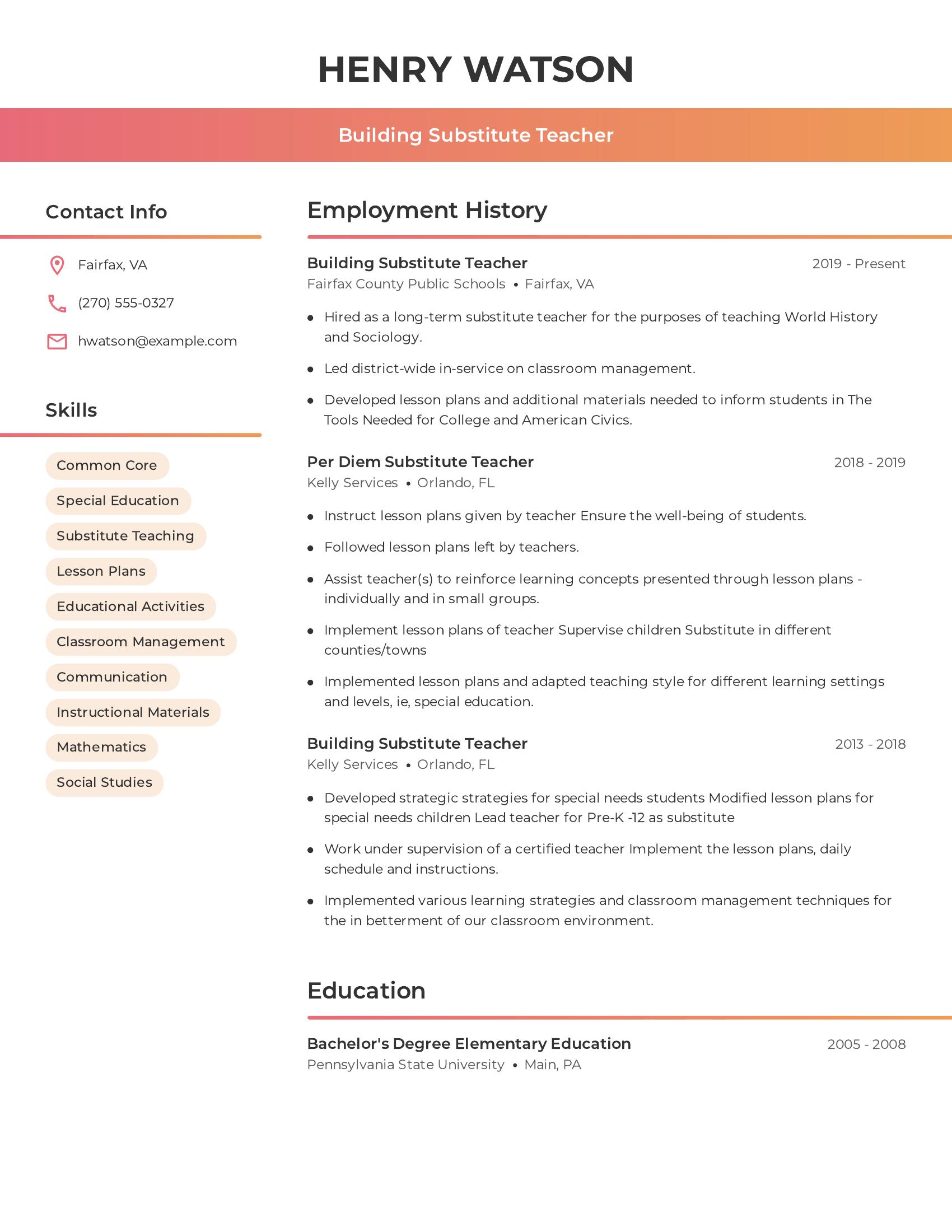 Building Substitute Teacher resume example