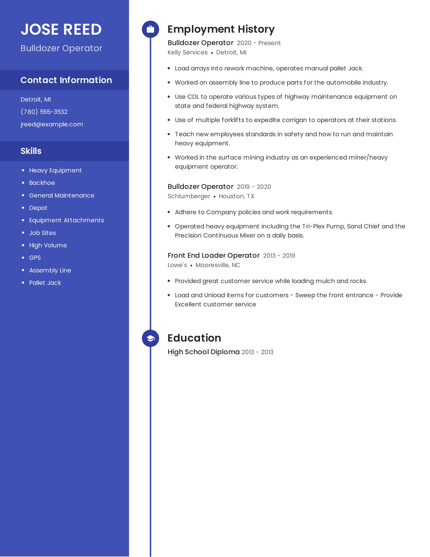 Bulldozer Operator resume example