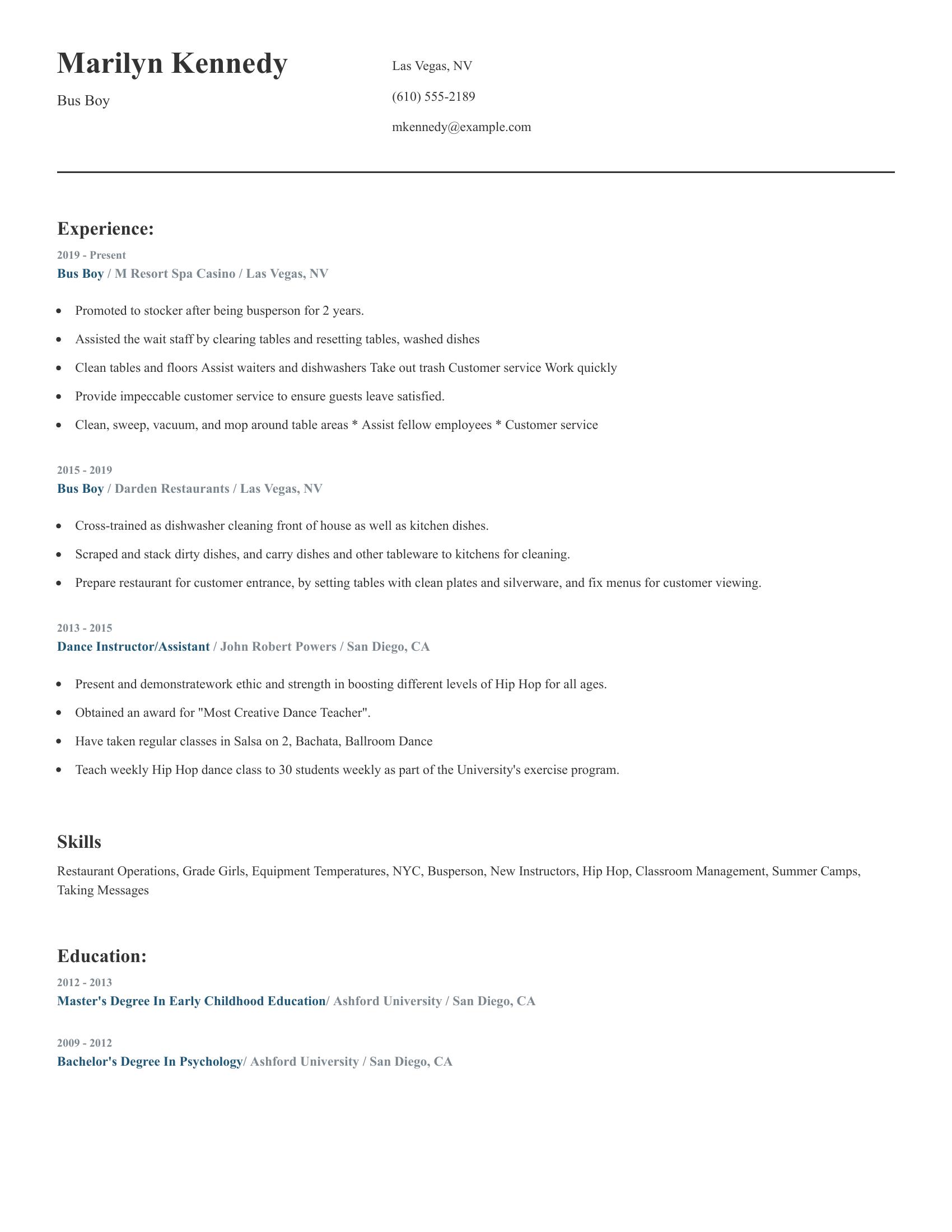 Bus Boy resume example