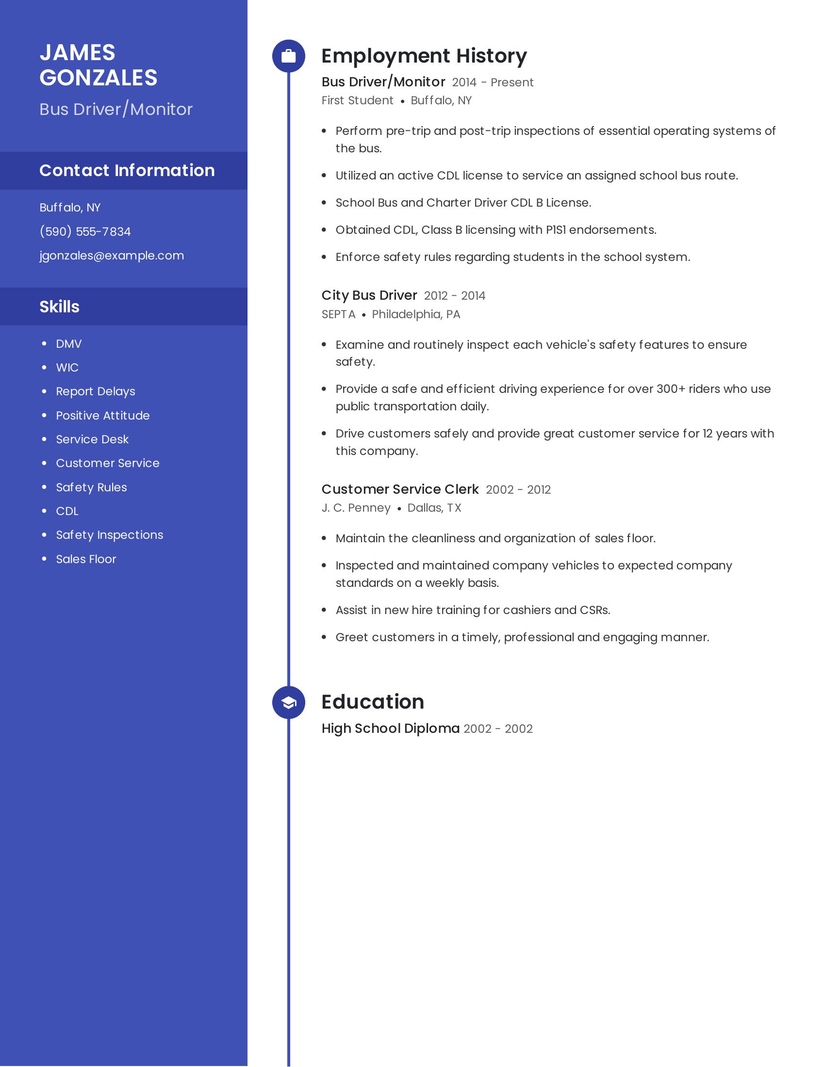 Bus Driver/Monitor resume example