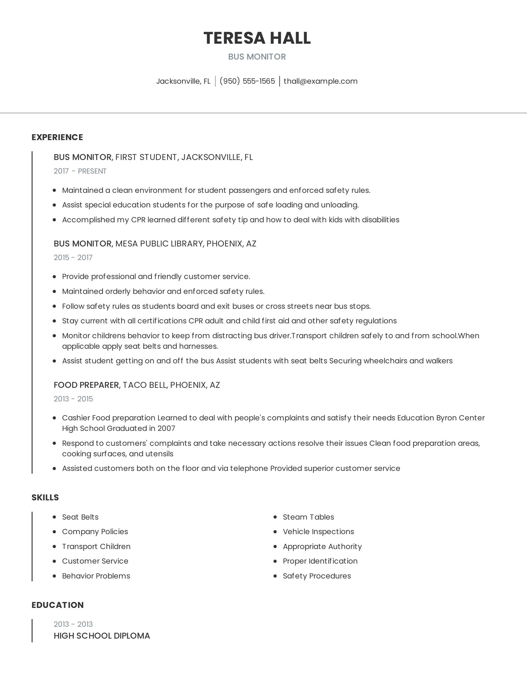 Bus Monitor resume example