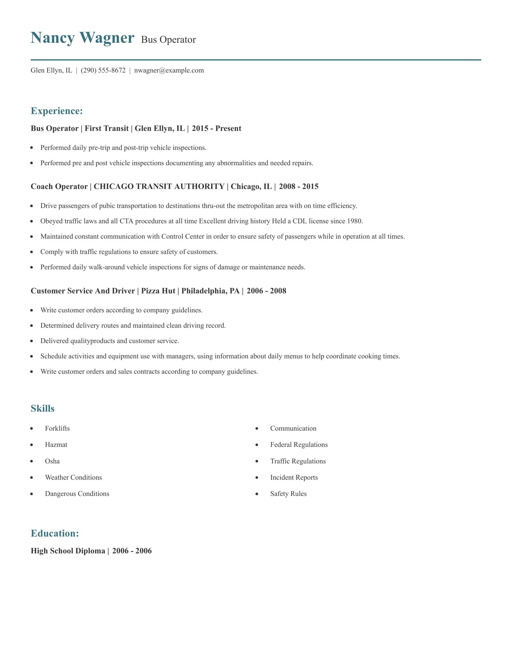 Bus Operator resume example