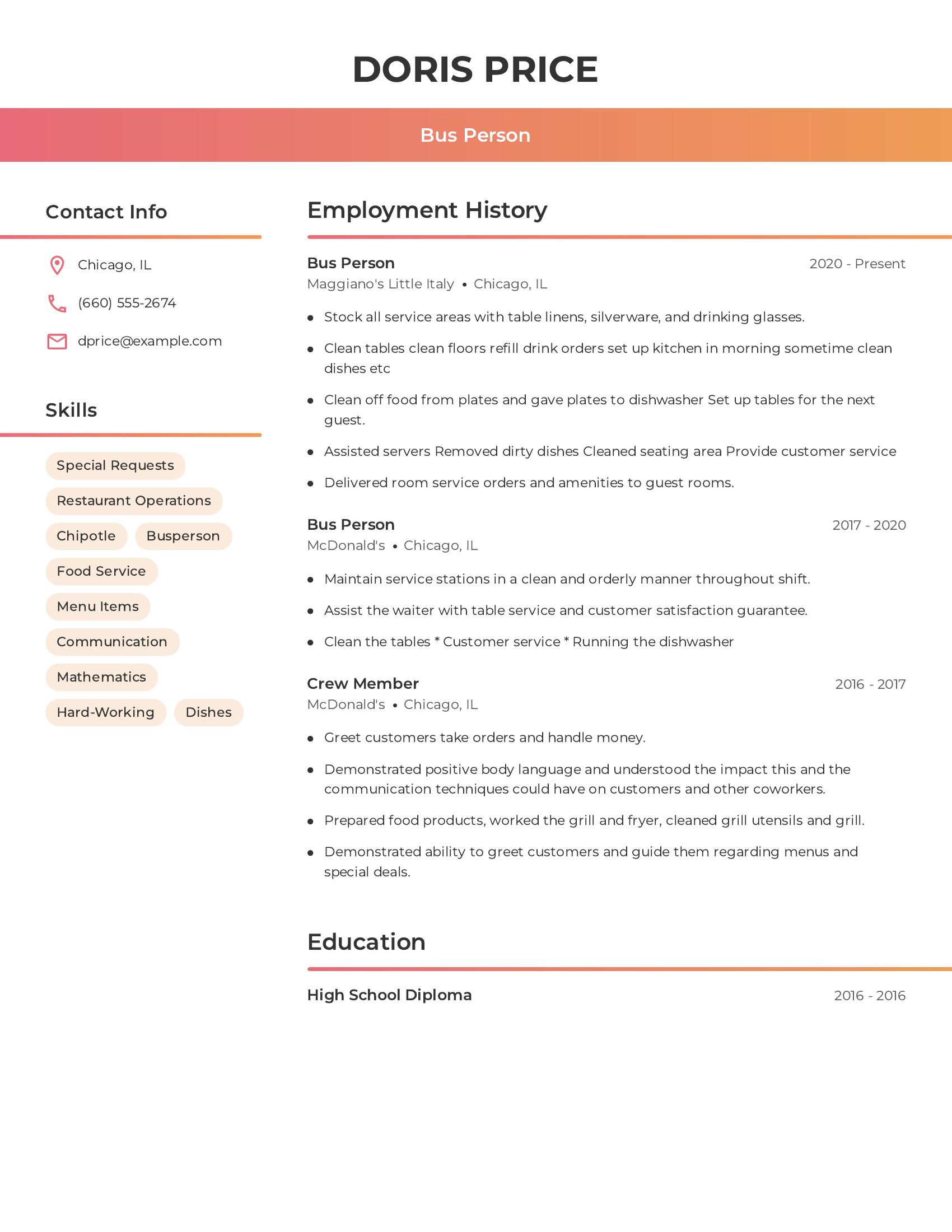 Bus Person resume example