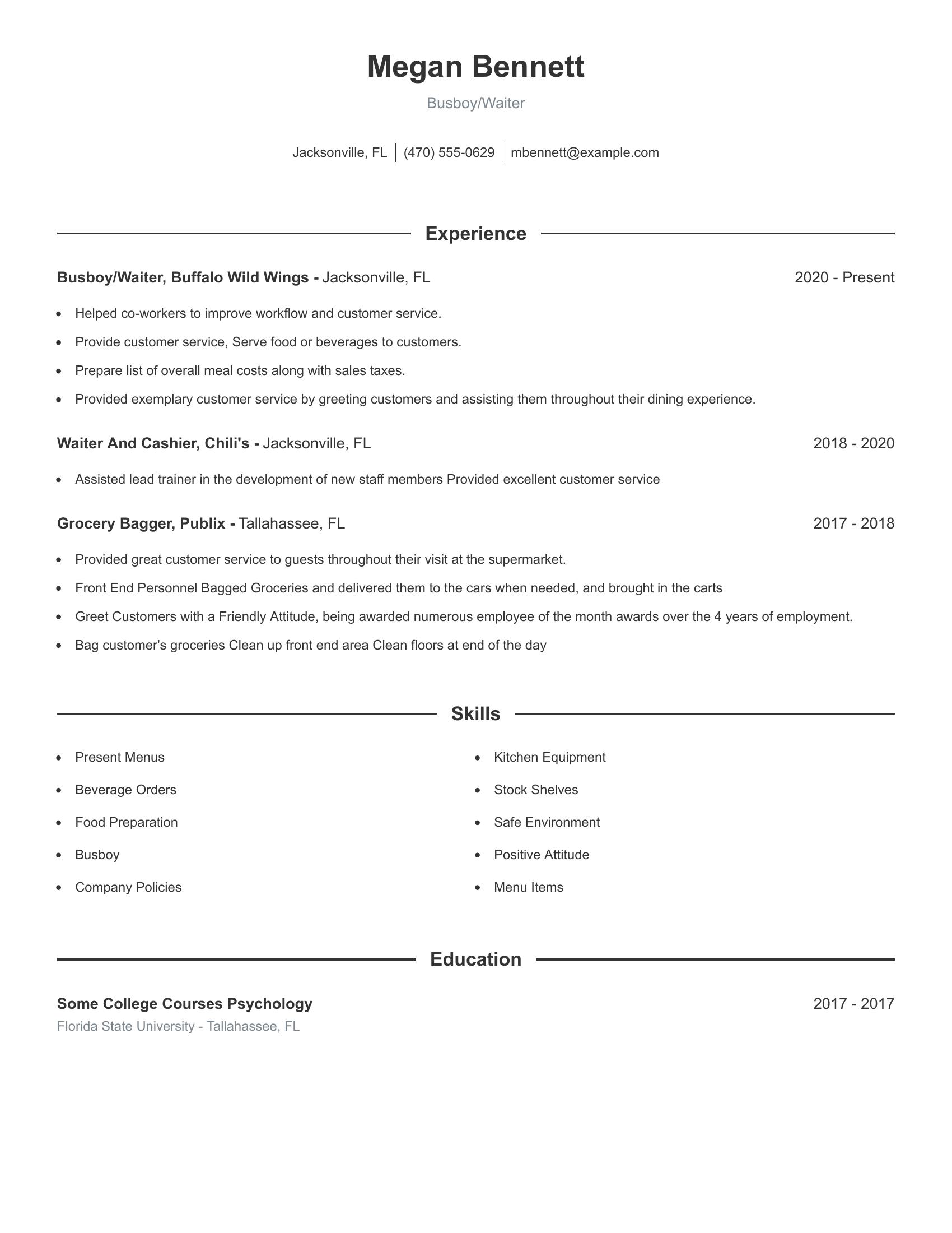 Busboy/Waiter resume example