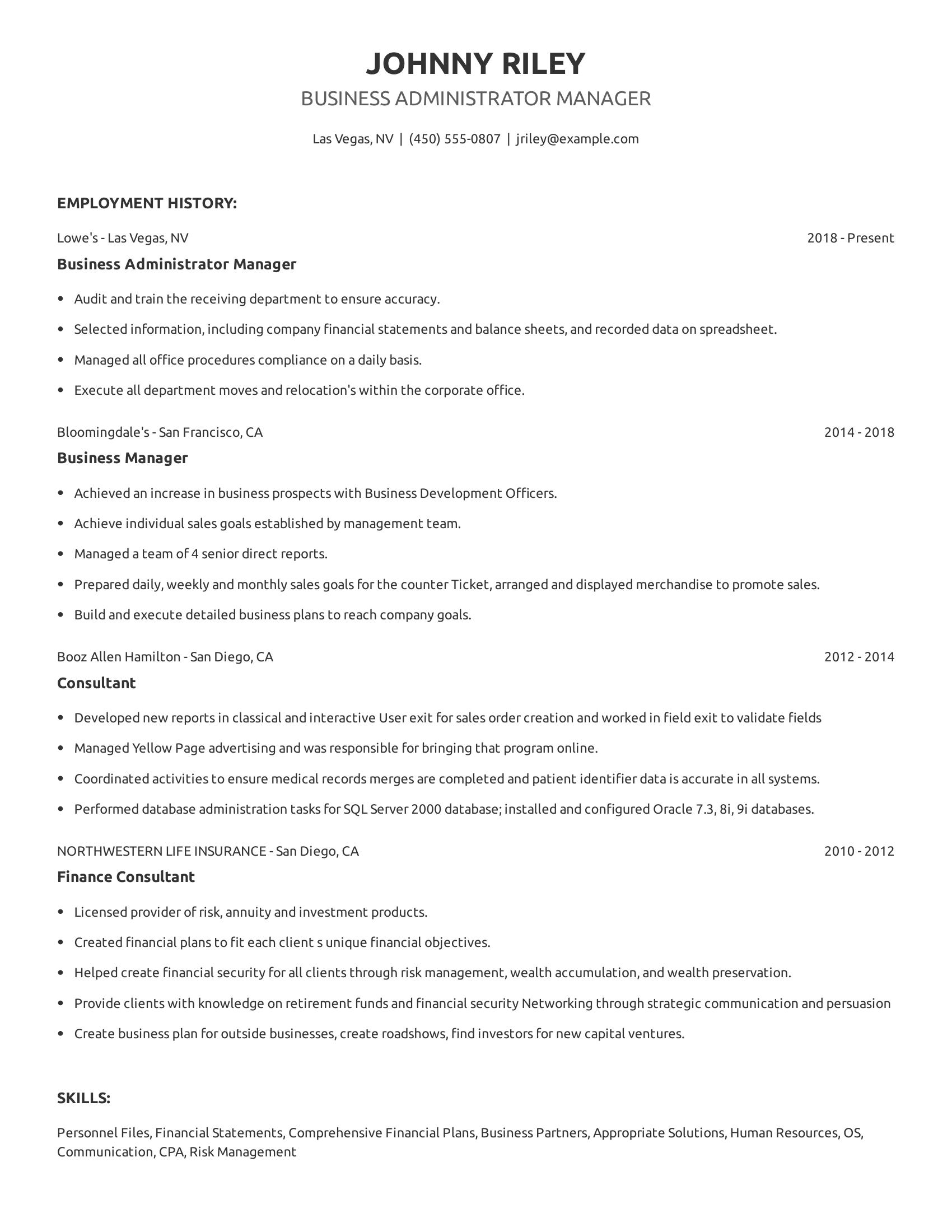 Business Administrator Manager resume example