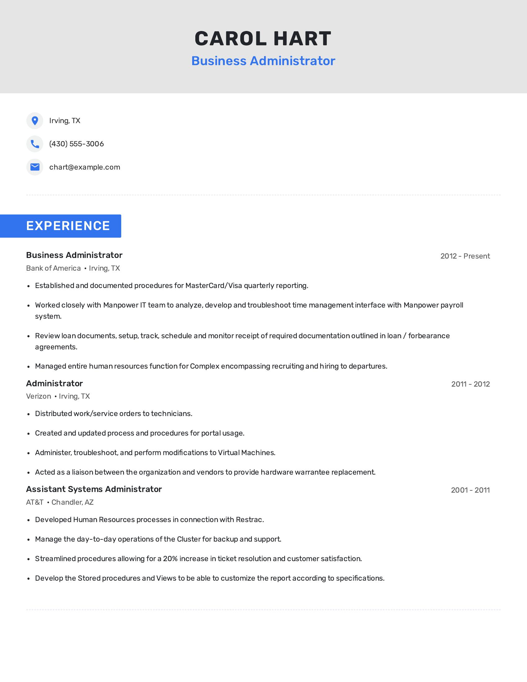 Business Administrator resume example
