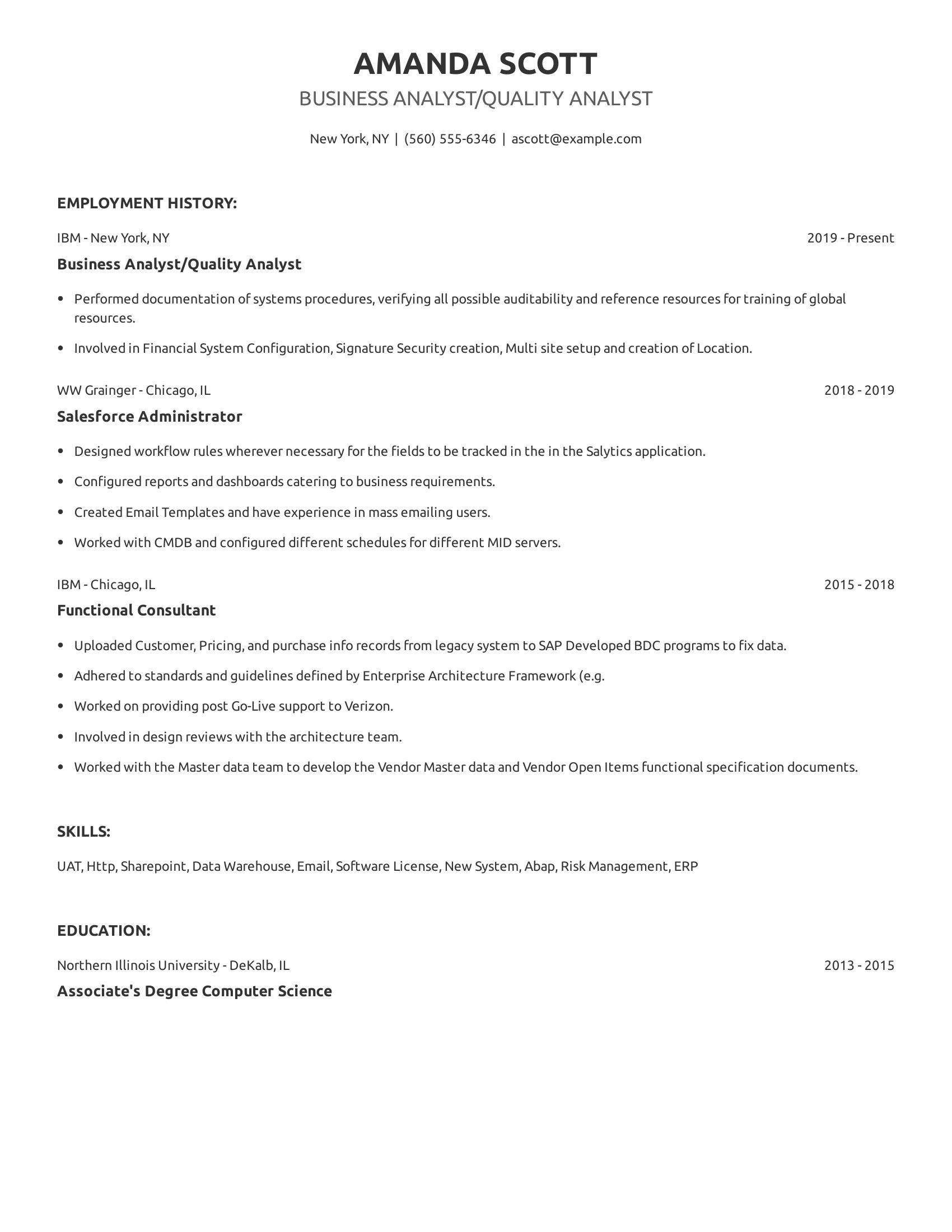 Business Analyst/Quality Analyst resume example