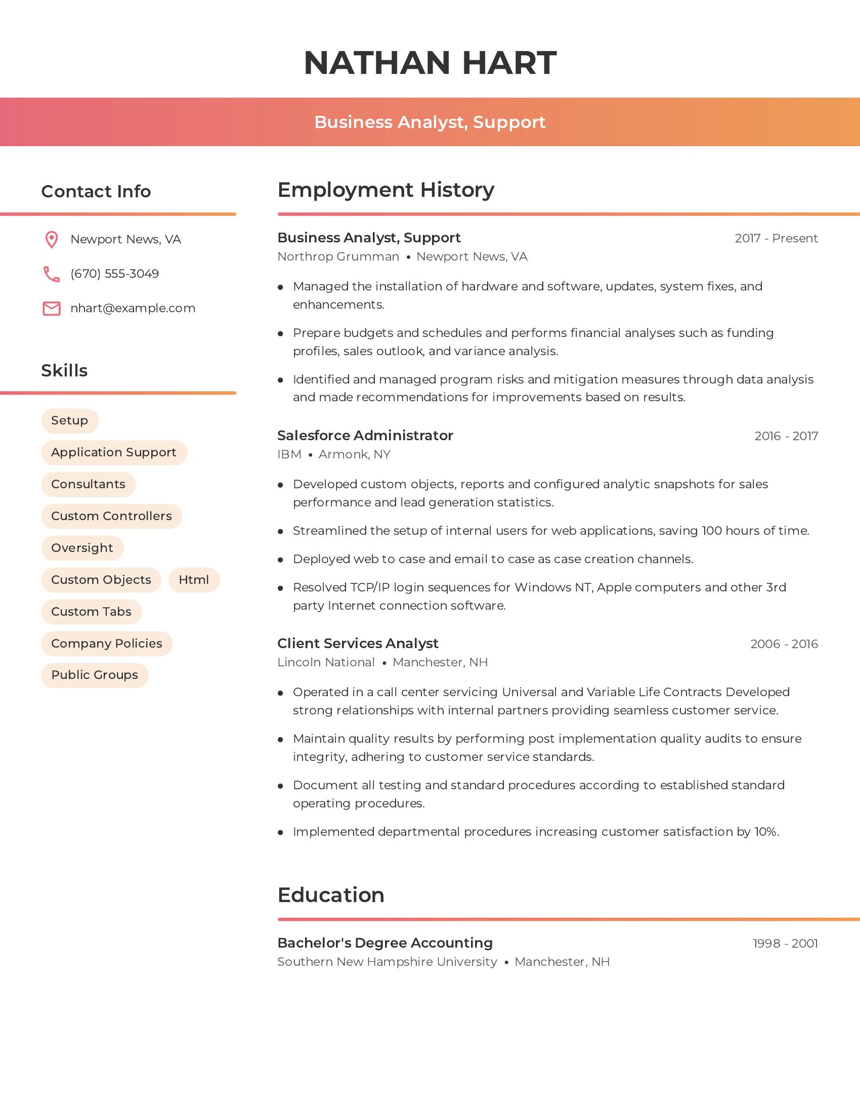 Business Analyst, Support resume example