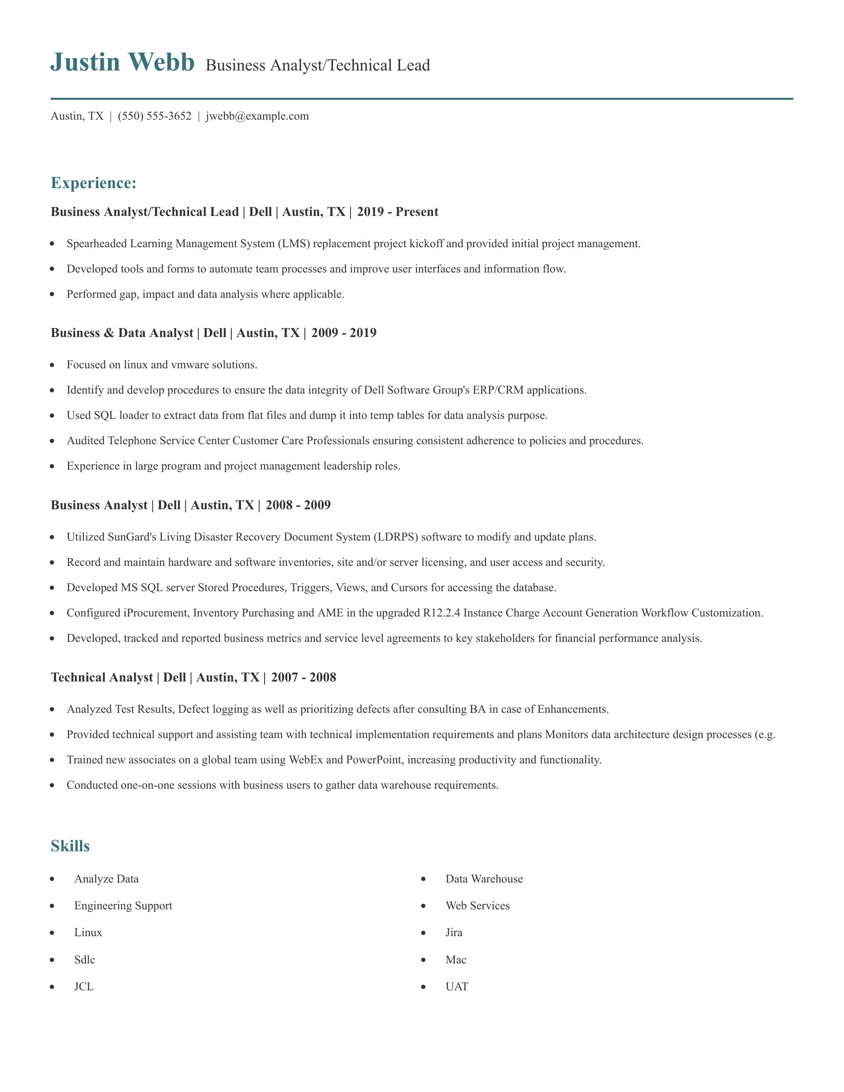 Business Analyst/Technical Lead resume example