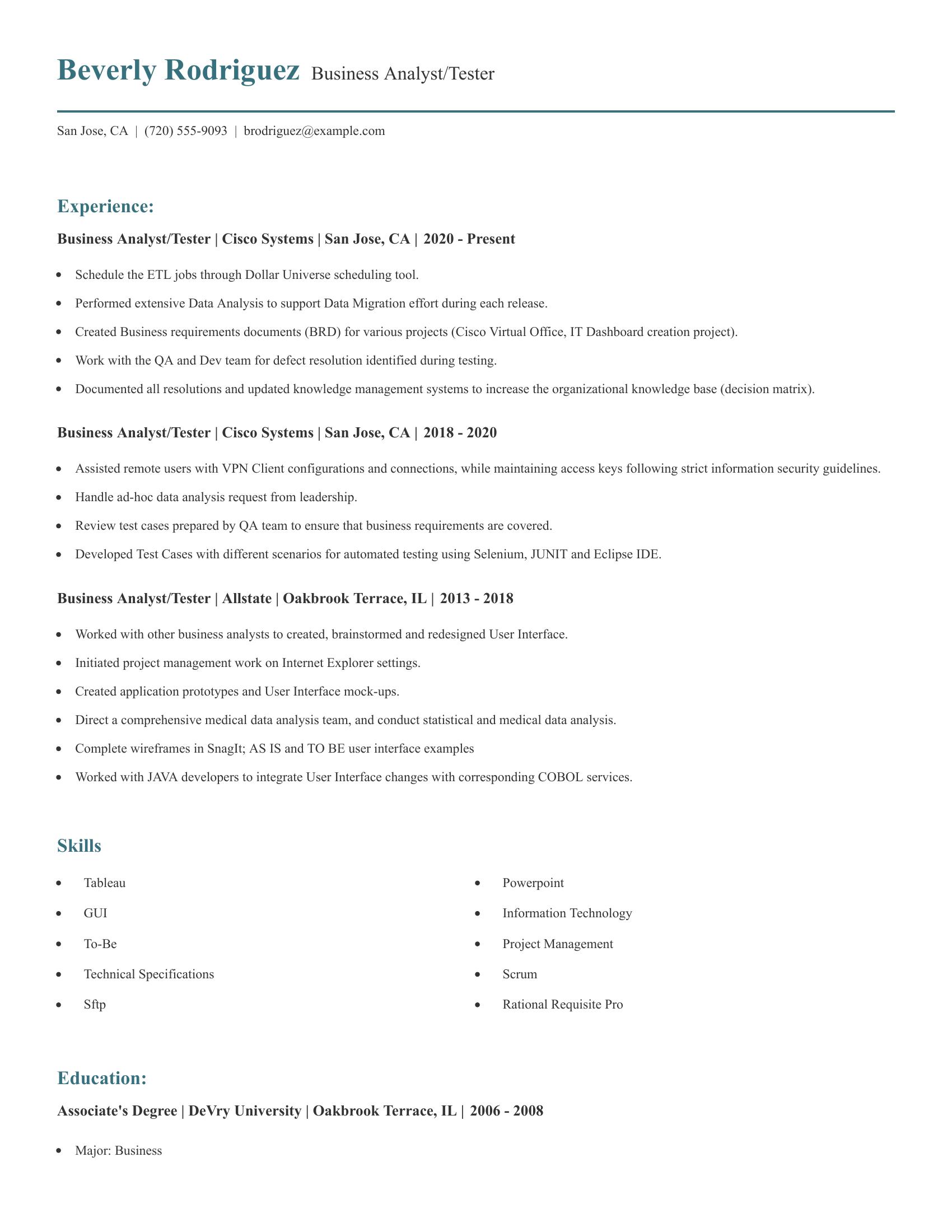 Business Analyst/Tester resume example