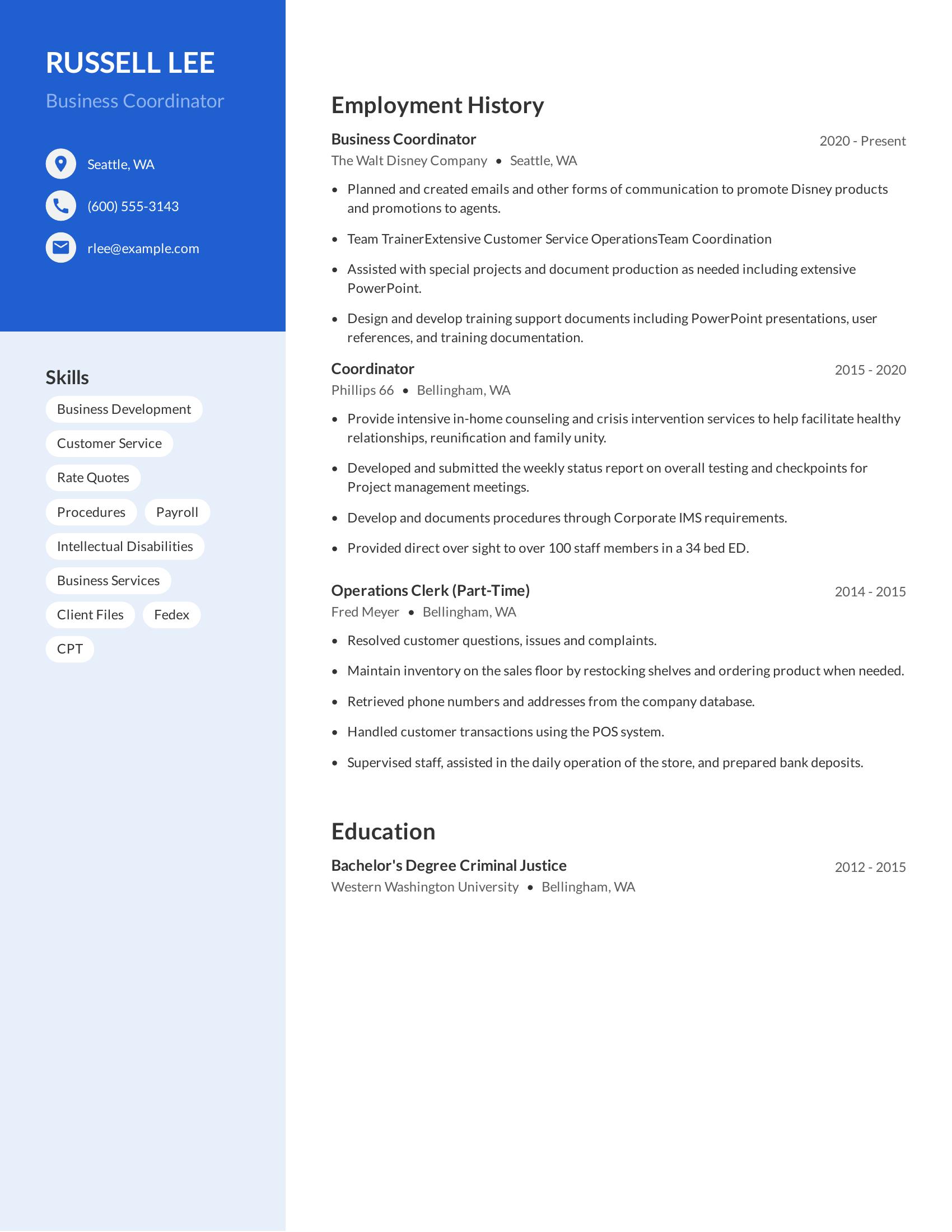Business Coordinator resume example