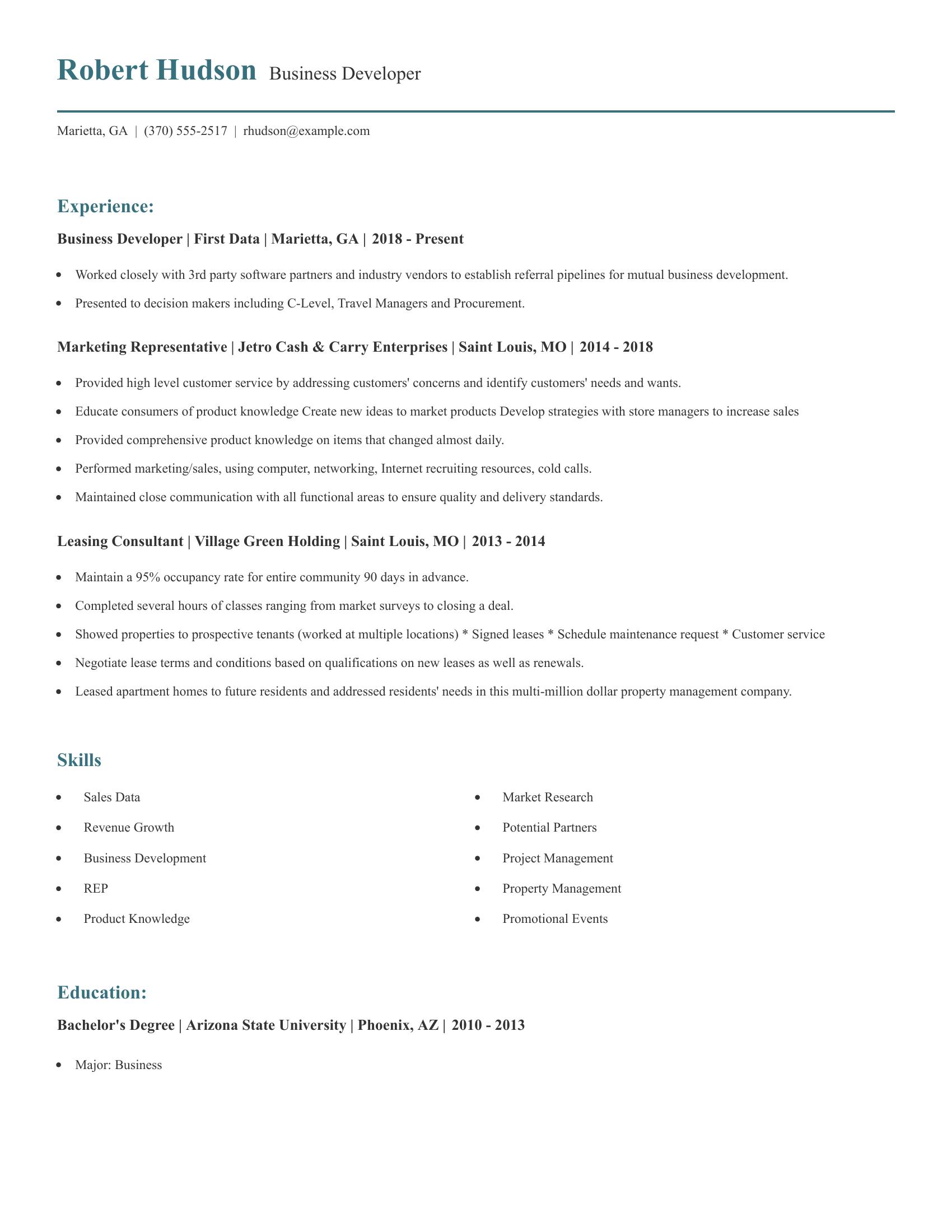 Business Developer resume example