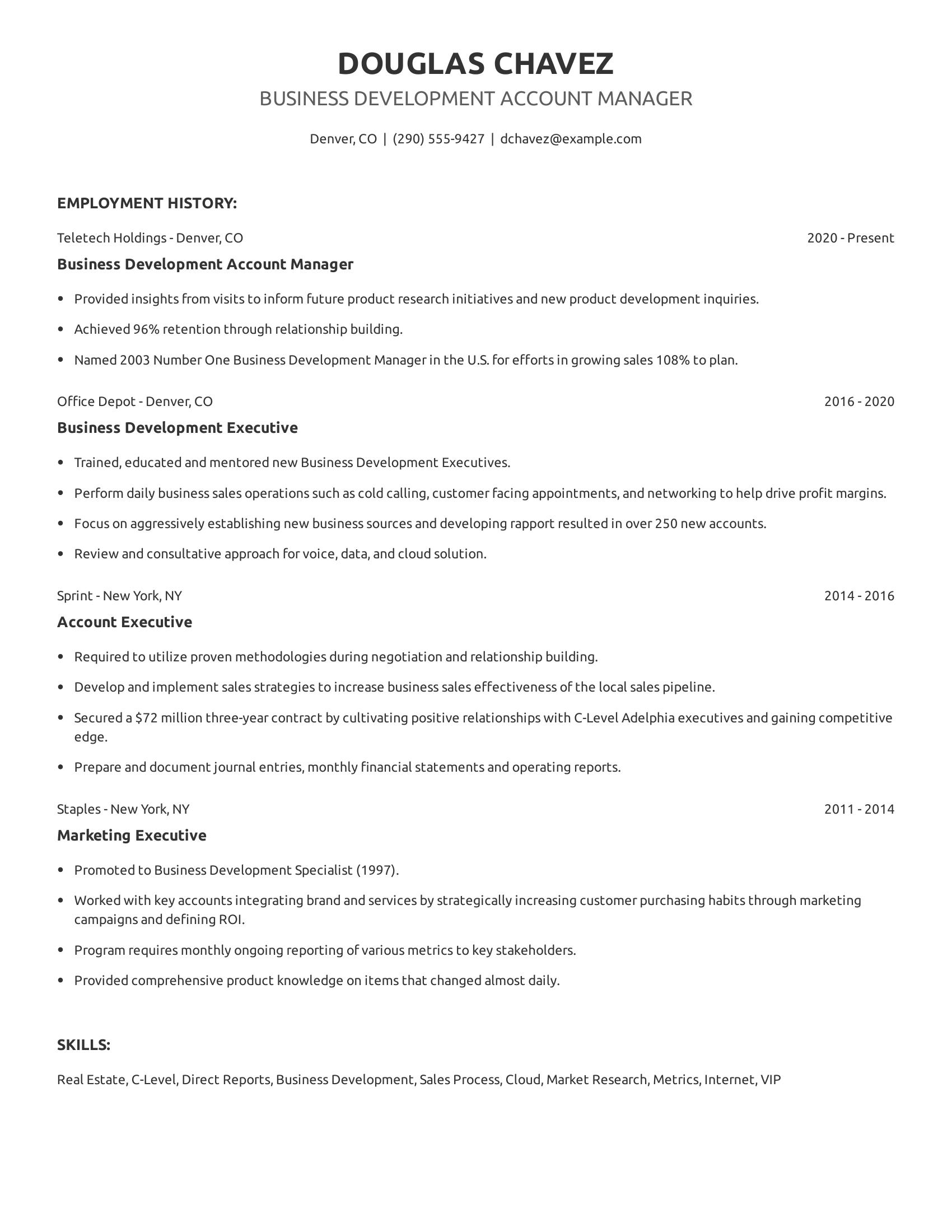 Business Development Account Manager resume example