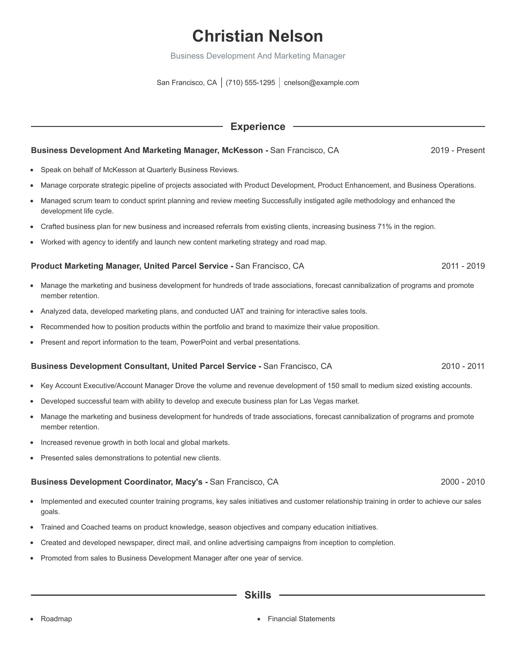 Business Development And Marketing Manager resume example