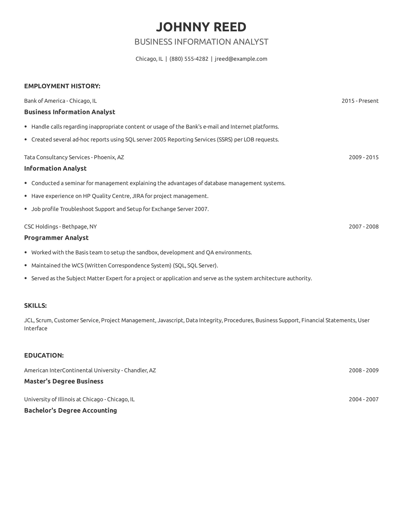 Business Information Analyst resume example