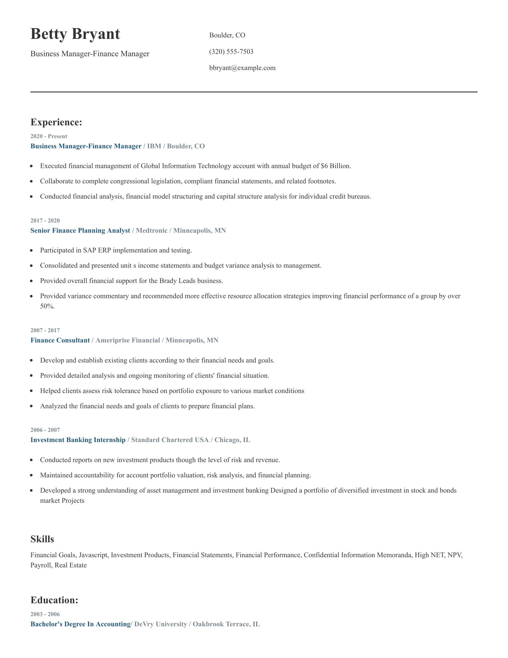 Business Manager-Finance Manager resume example