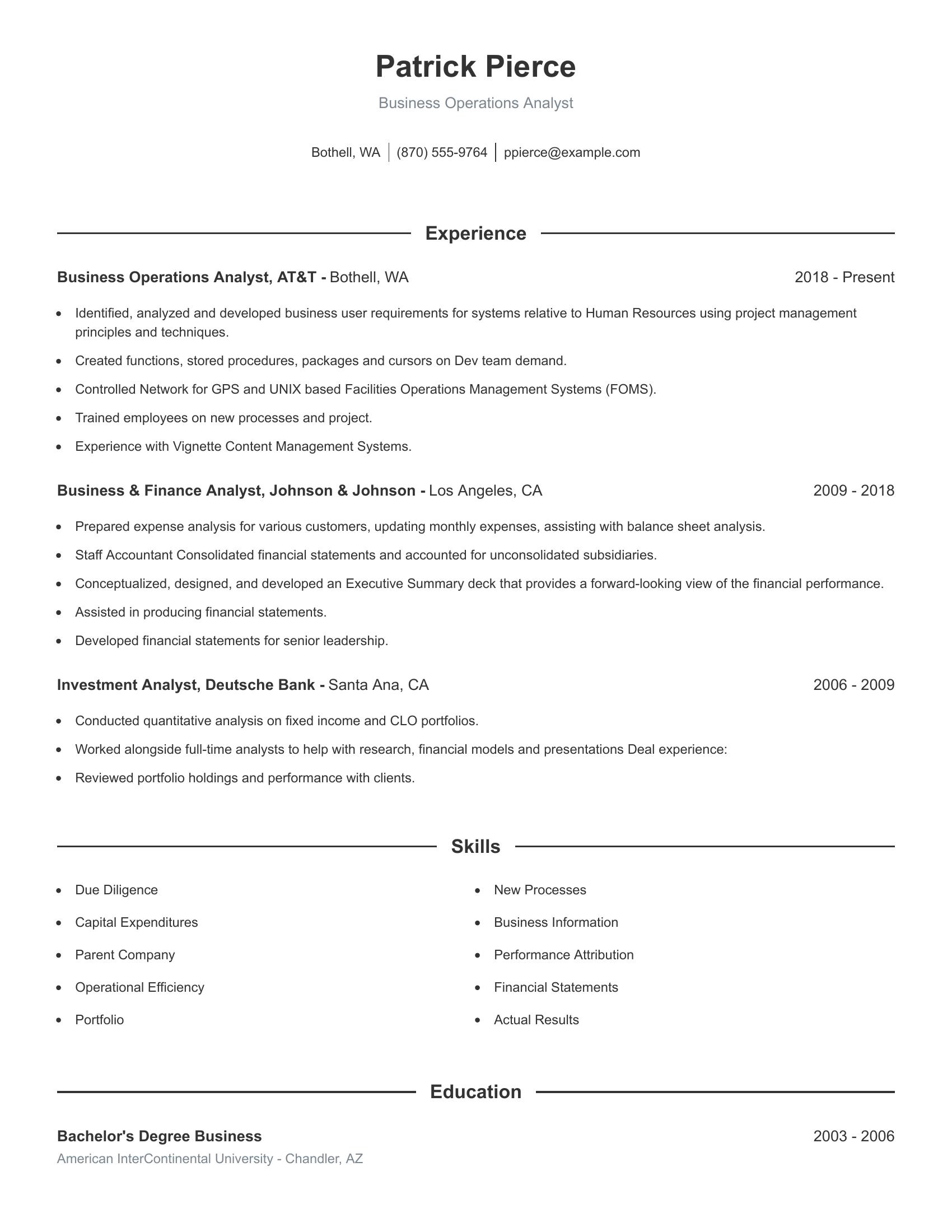 Business Operations Analyst resume example