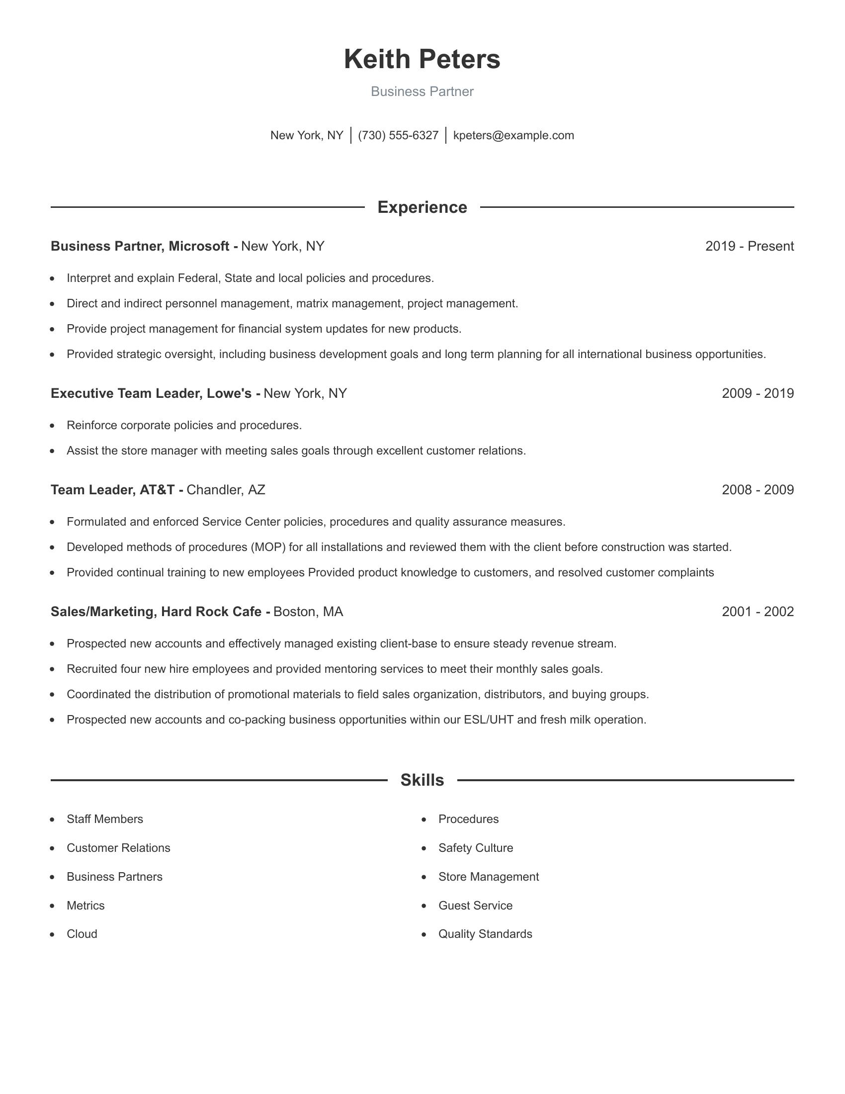 Business Partner resume example