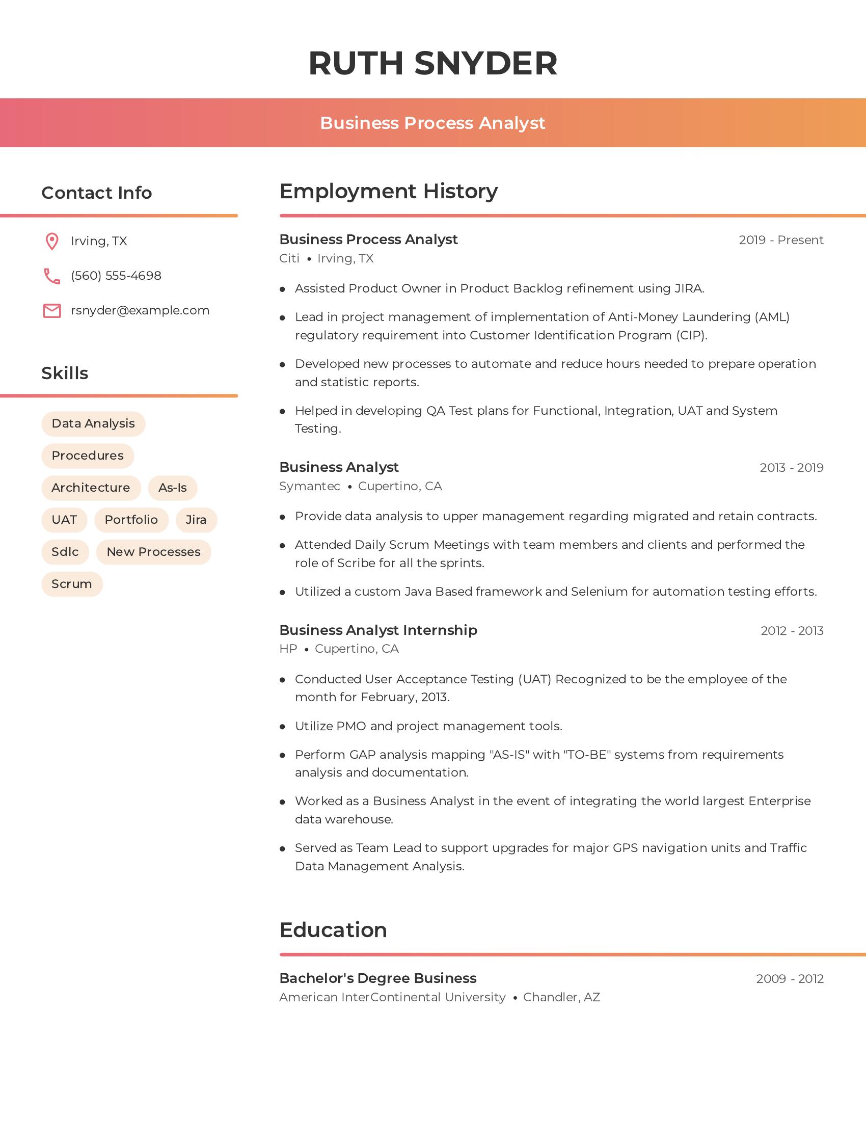 Business Process Analyst resume example