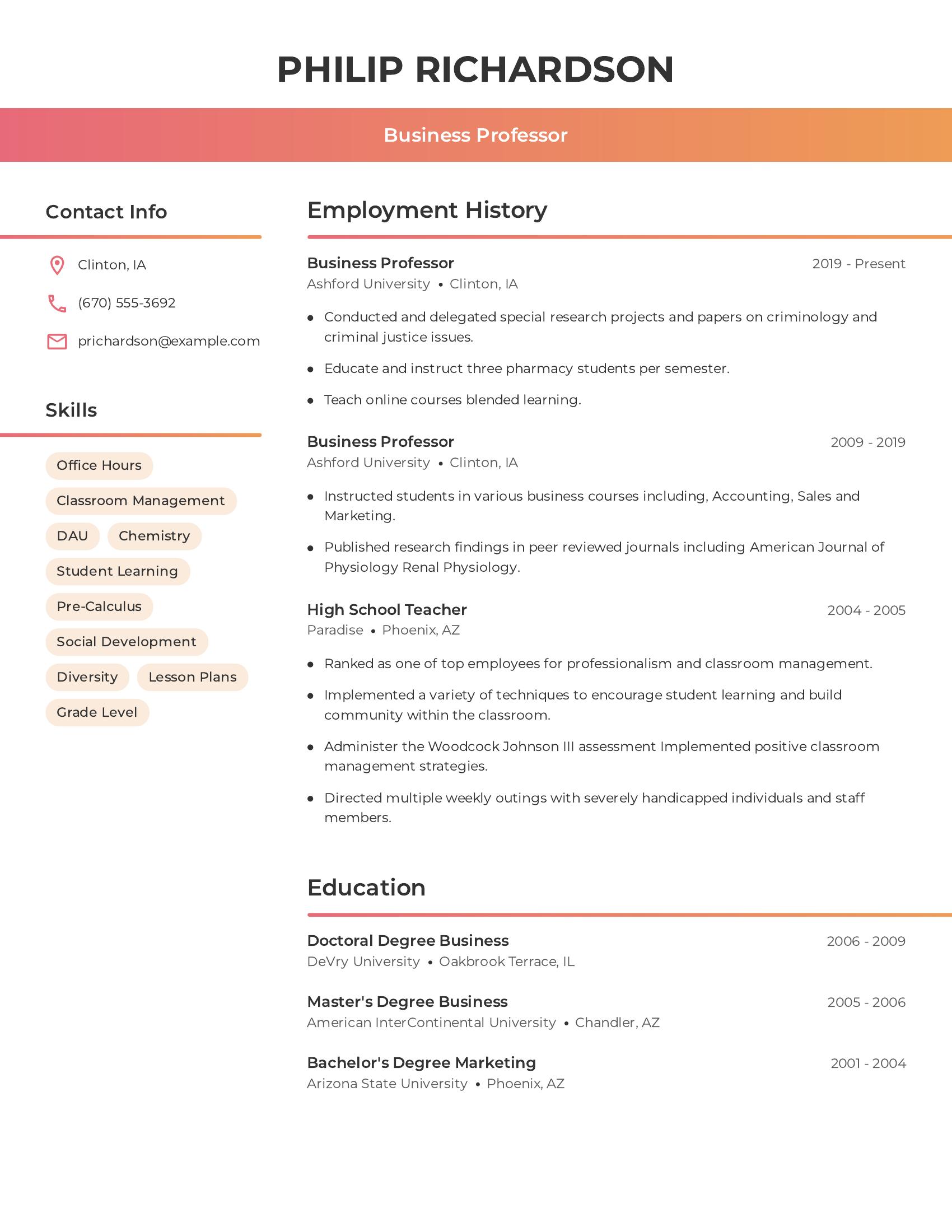 Business Professor resume example