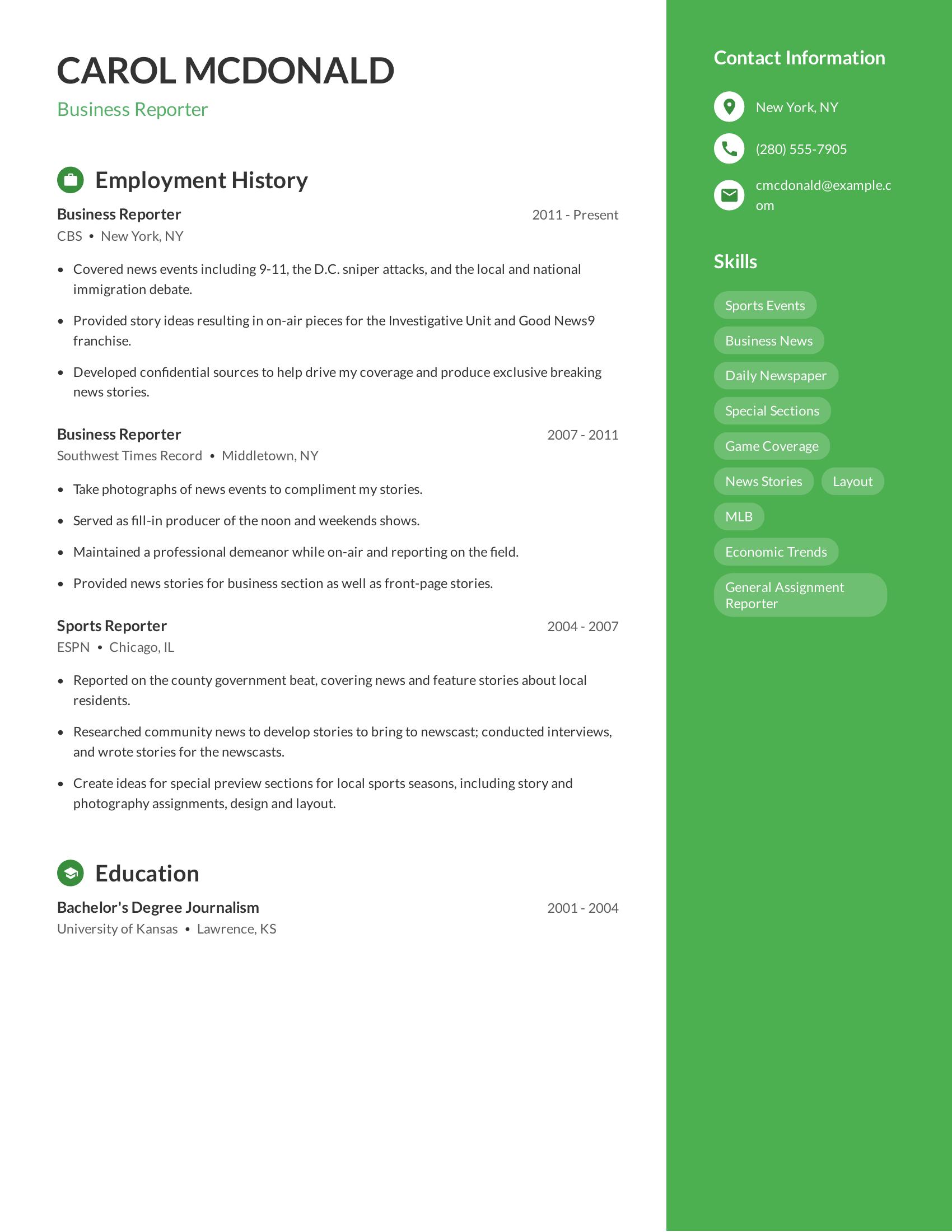 Business Reporter resume example
