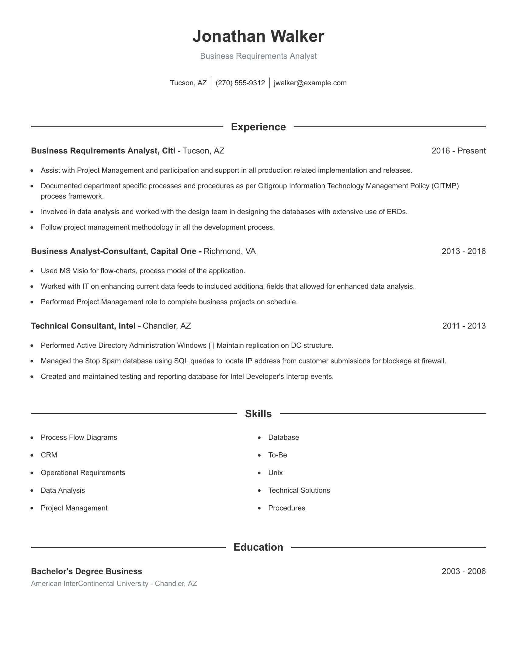 Business Requirements Analyst resume example