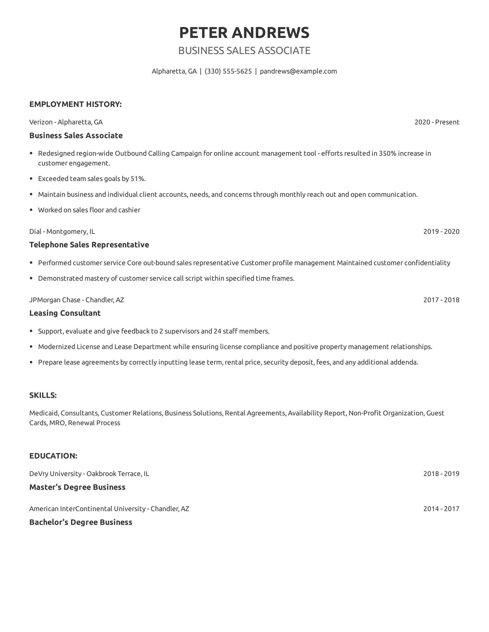 Business Sales Associate resume example