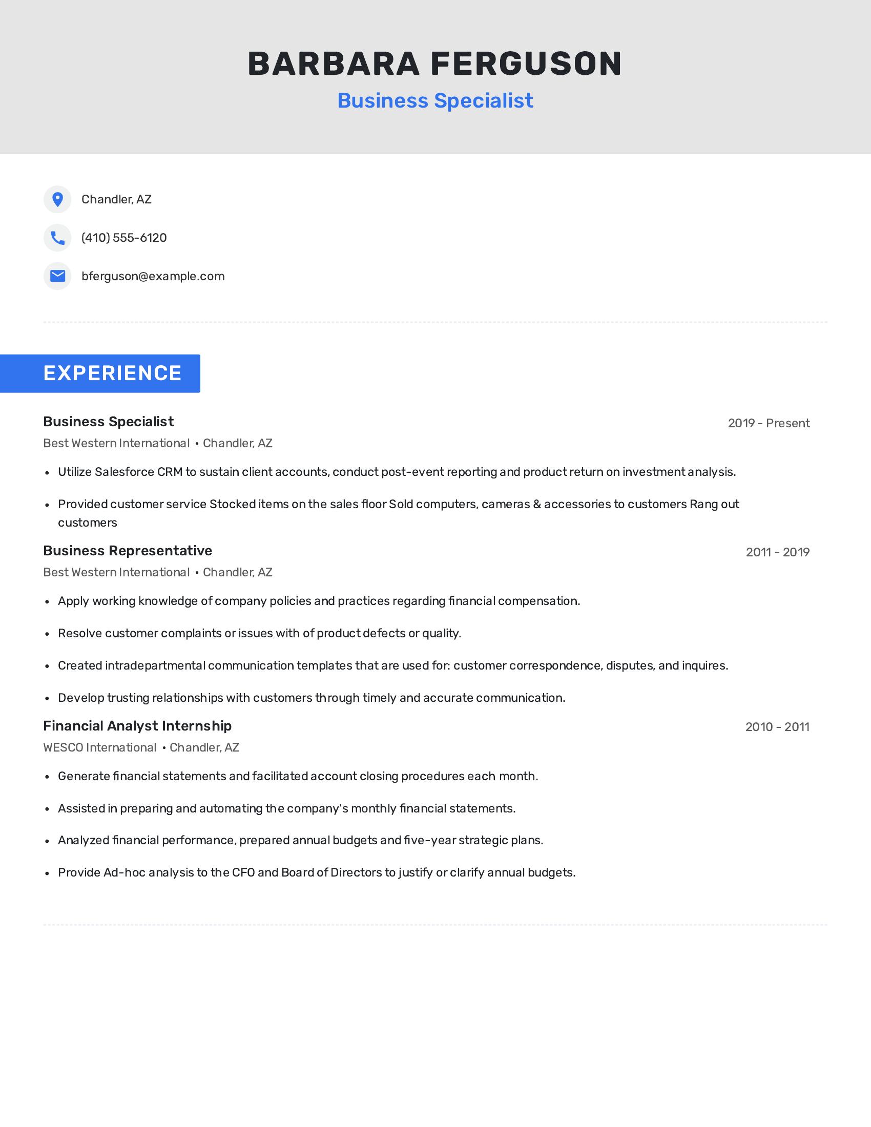Business Specialist resume example