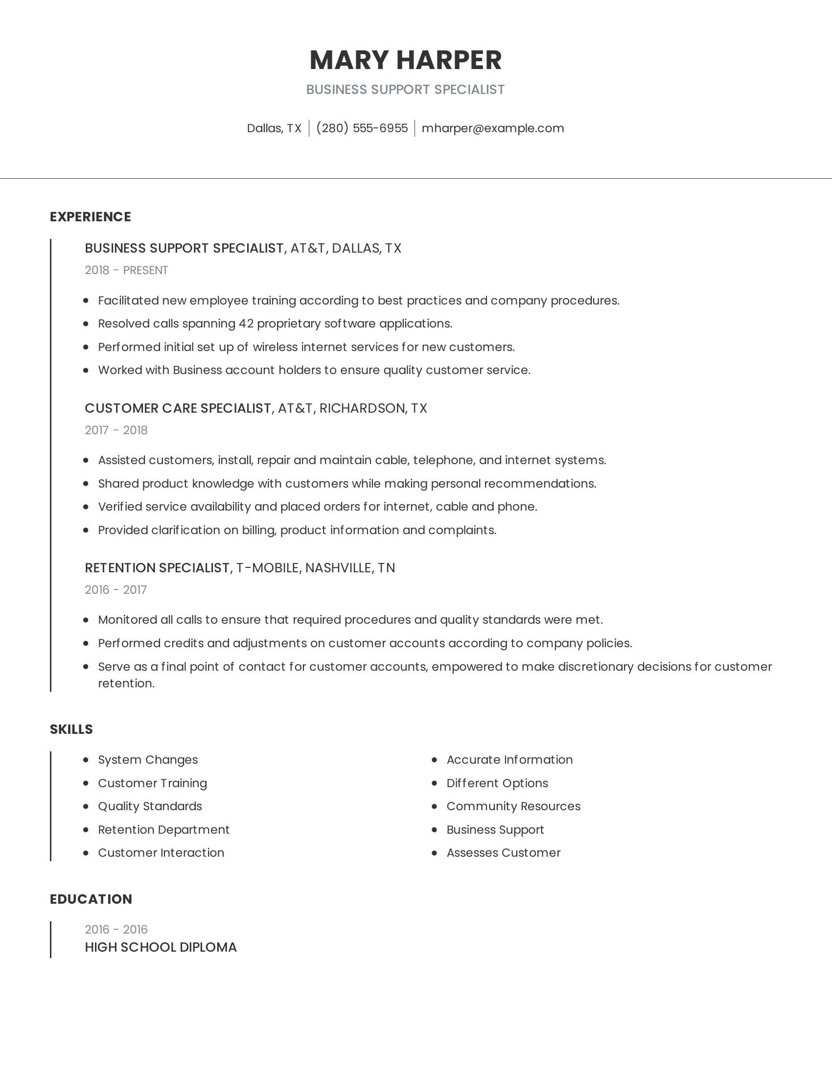 Business Support Specialist resume example