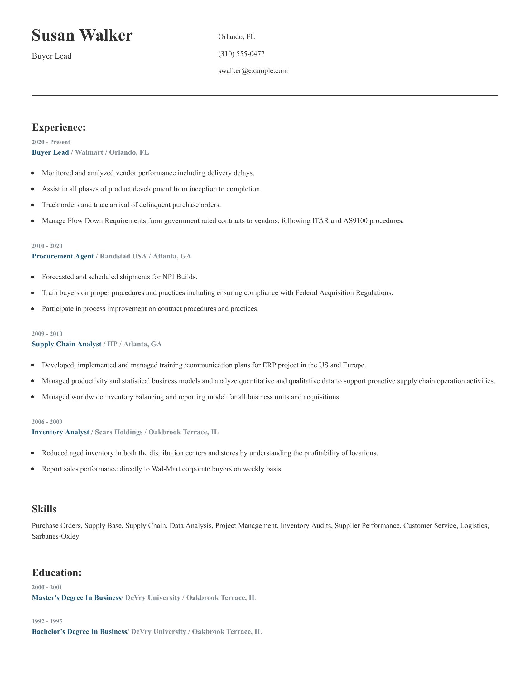 Buyer Lead resume example