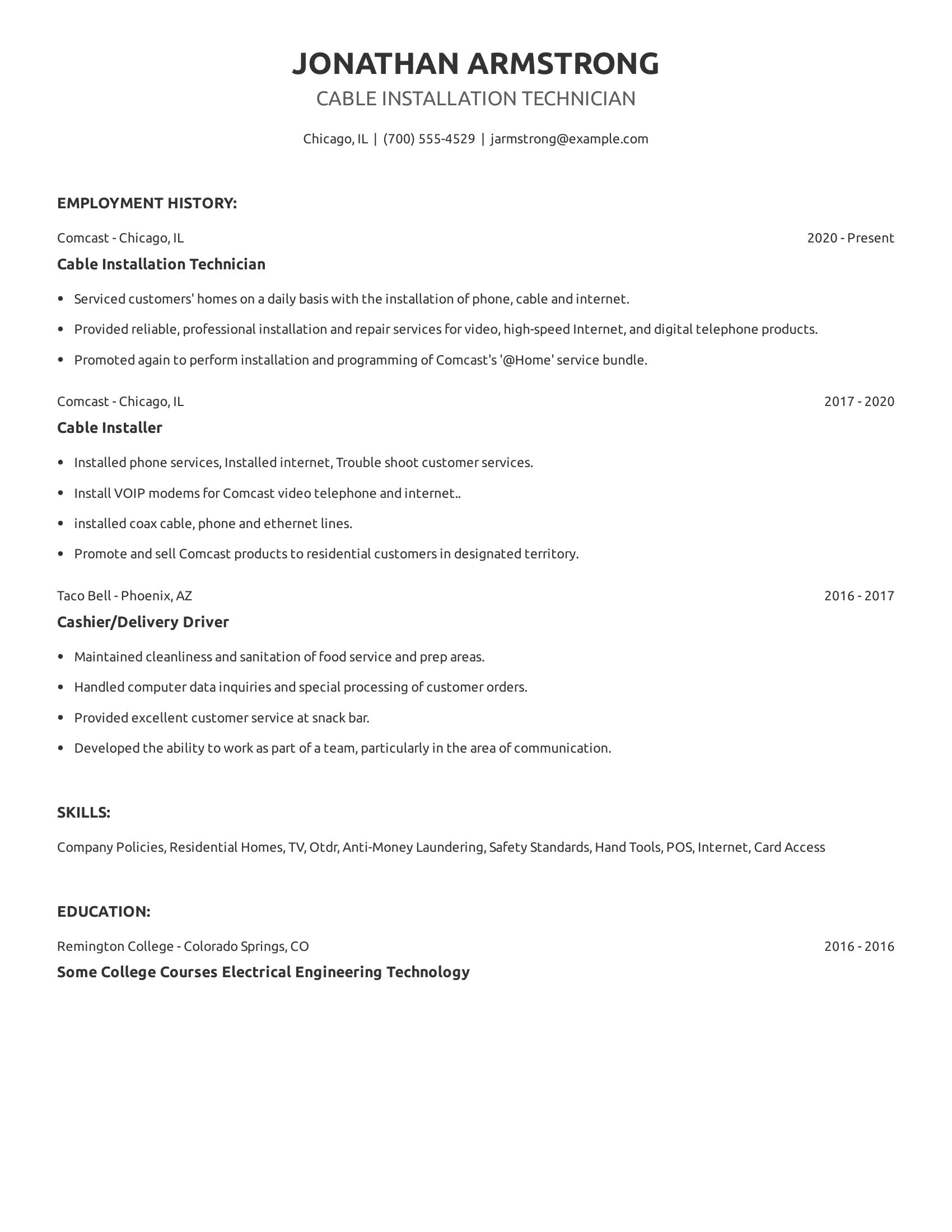 Cable Installation Technician resume example