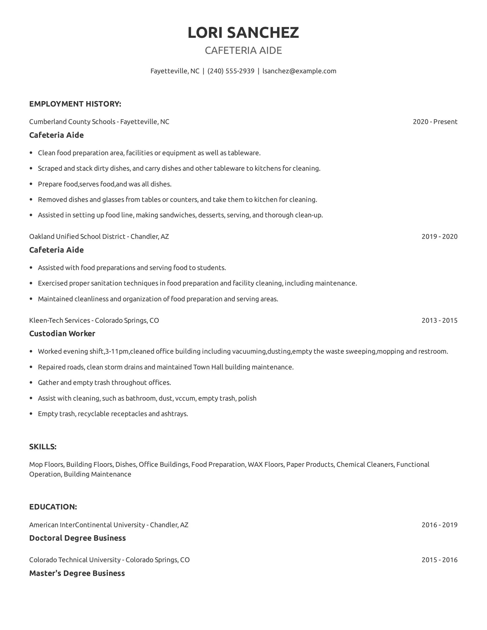 Cafeteria Aide resume example