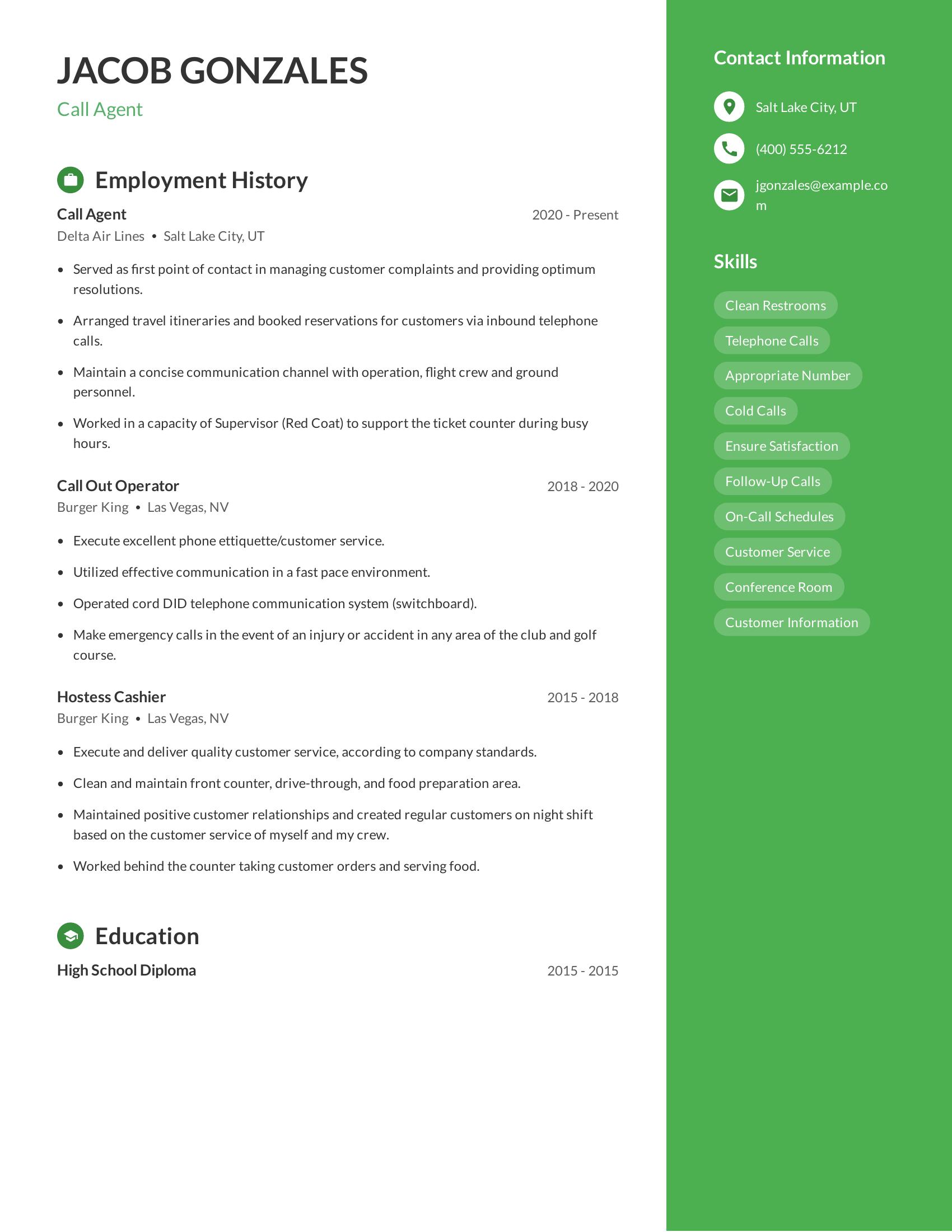 Call Agent resume example