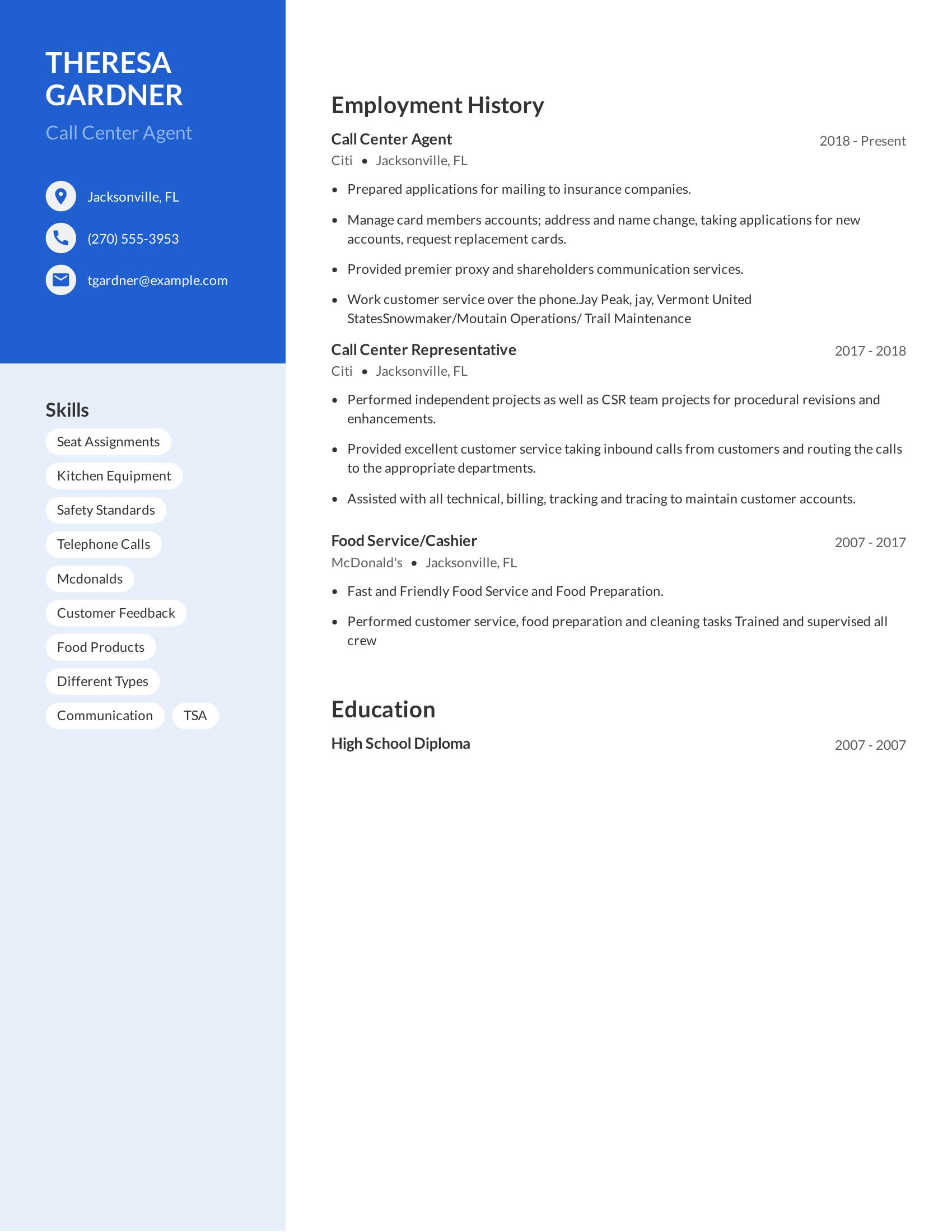 Call Center Agent resume example