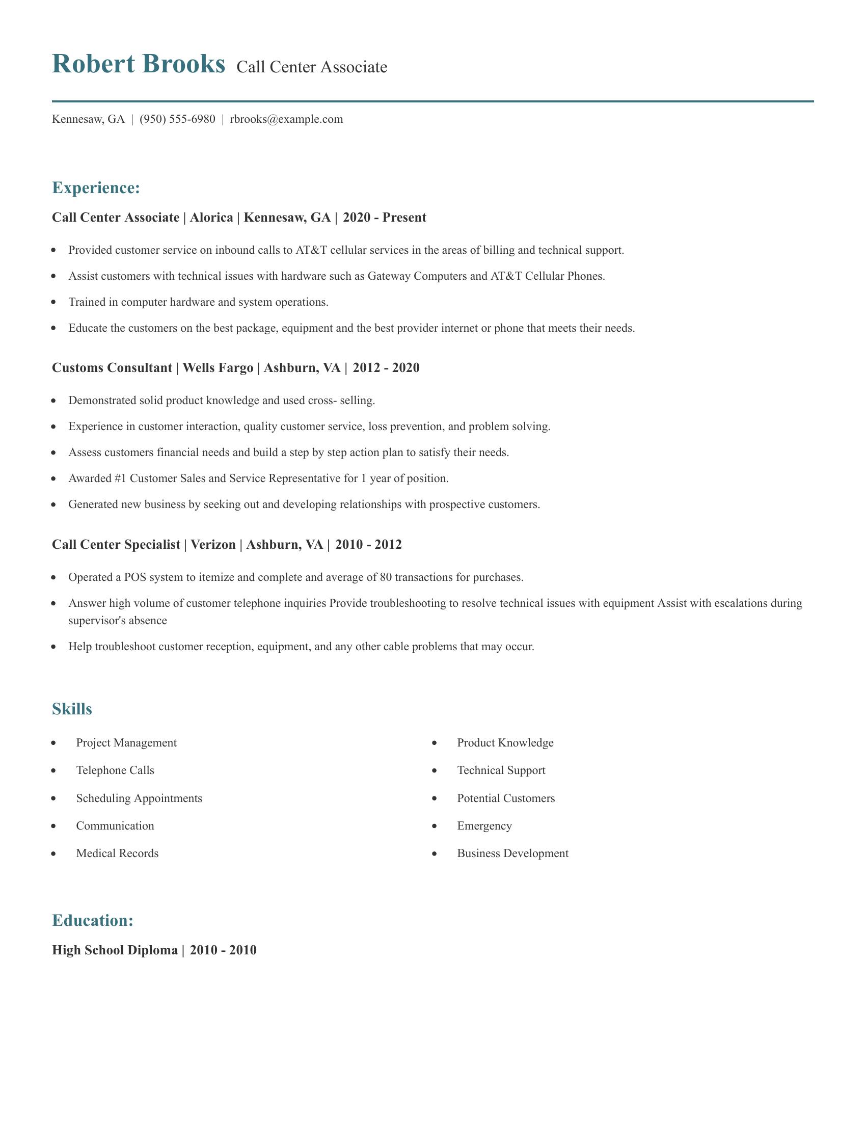 Call Center Associate resume example