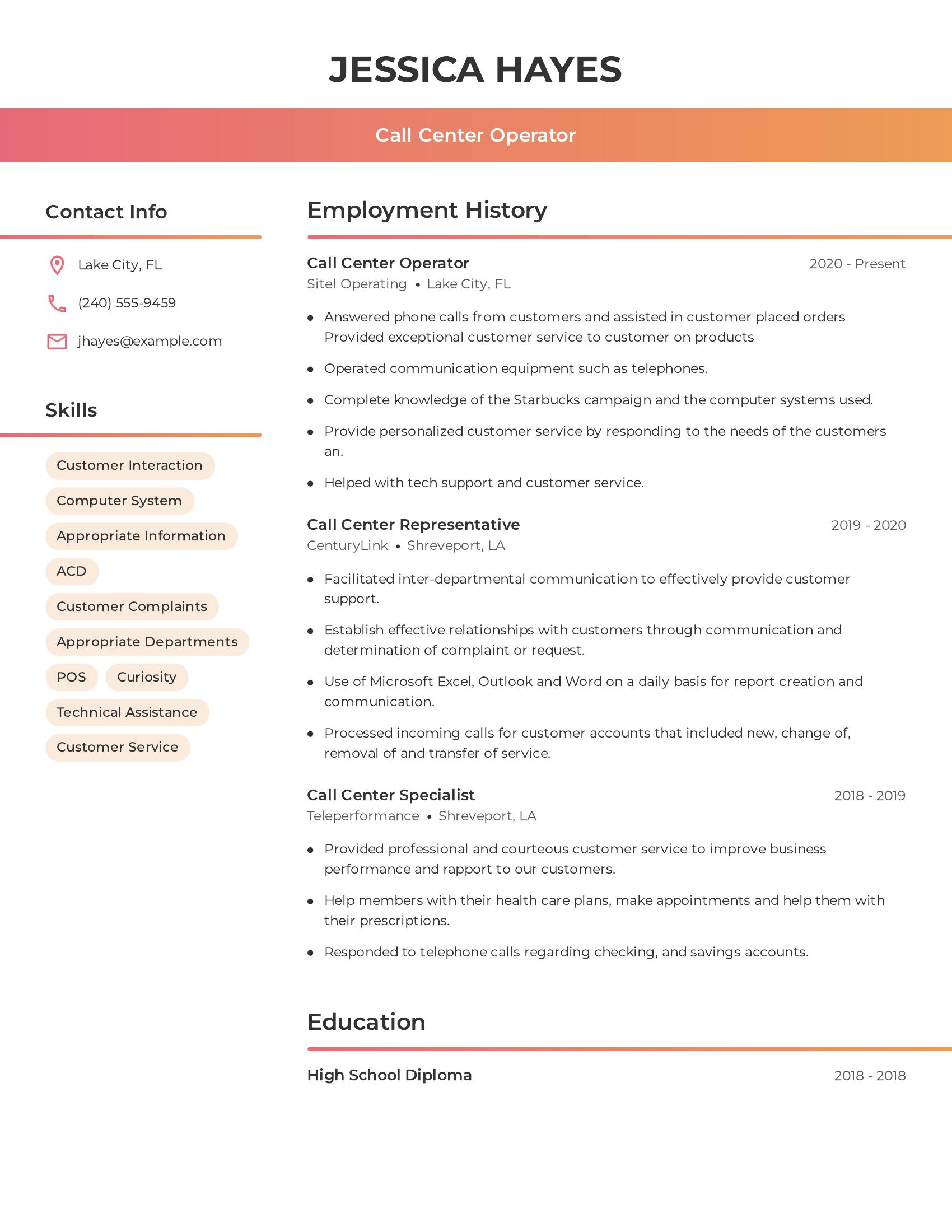 Call Center Operator resume example