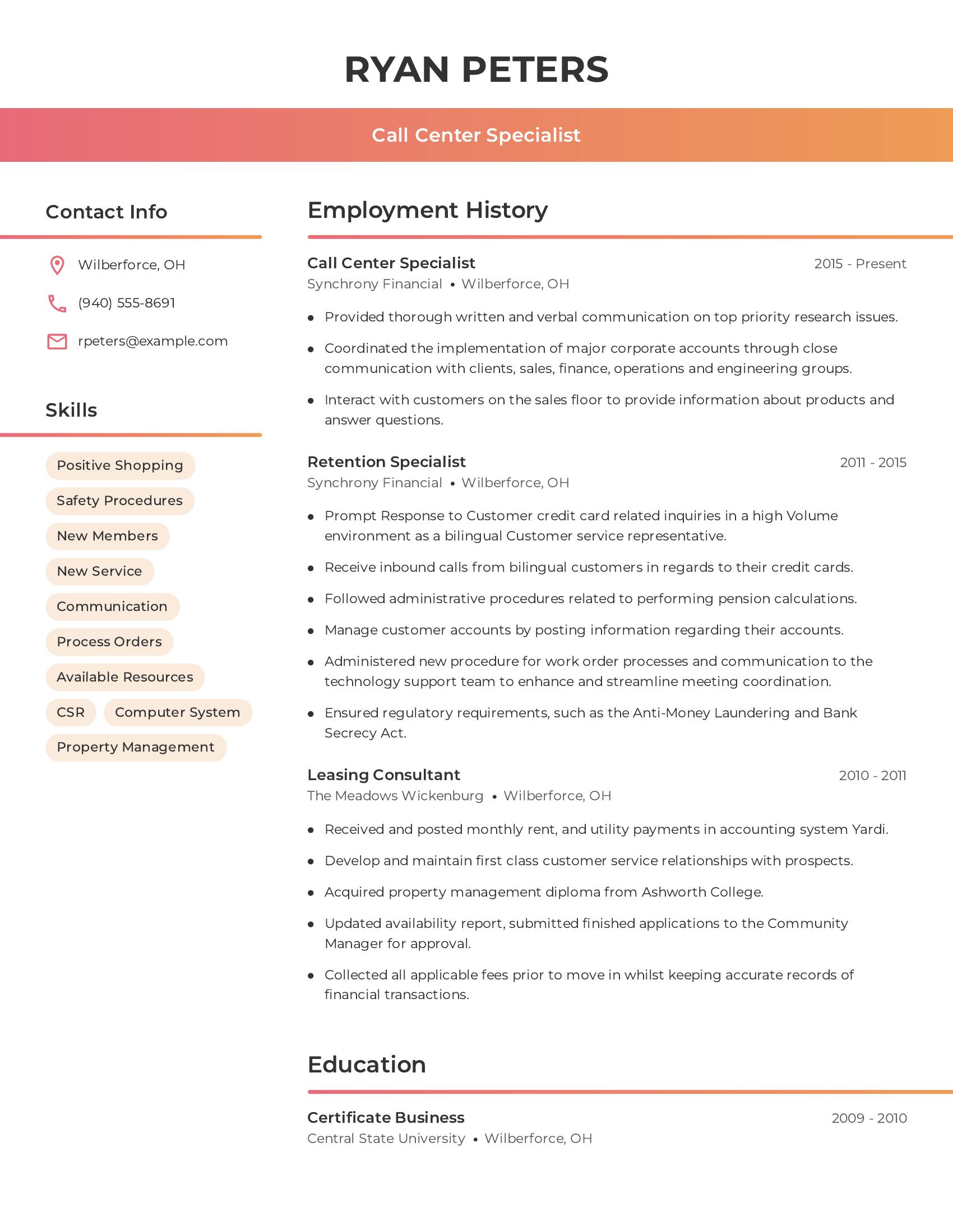 Call Center Specialist resume example