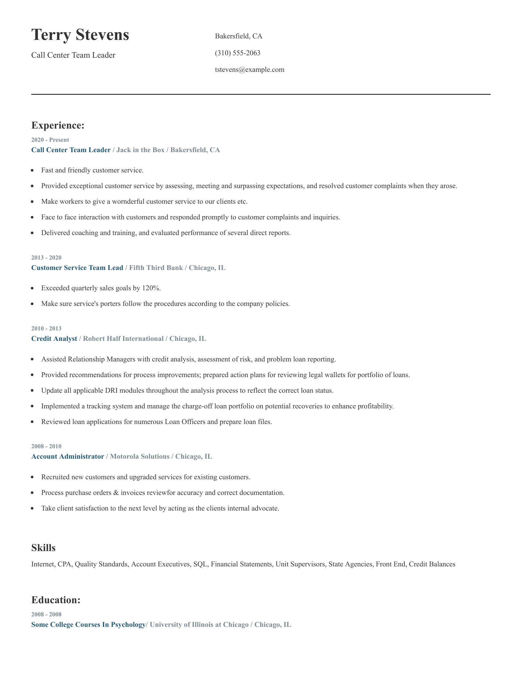 Call Center Team Leader resume example