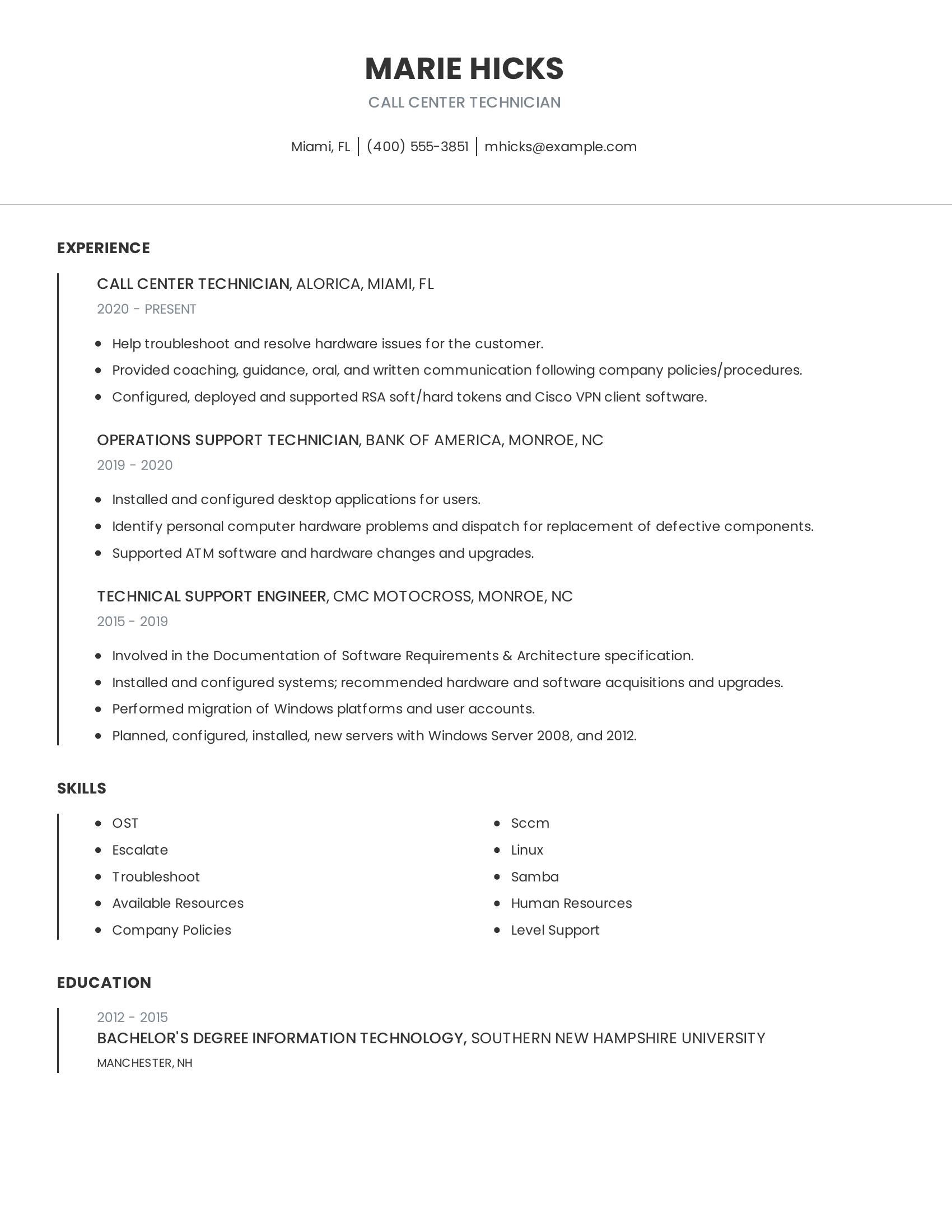 Call Center Technician resume example