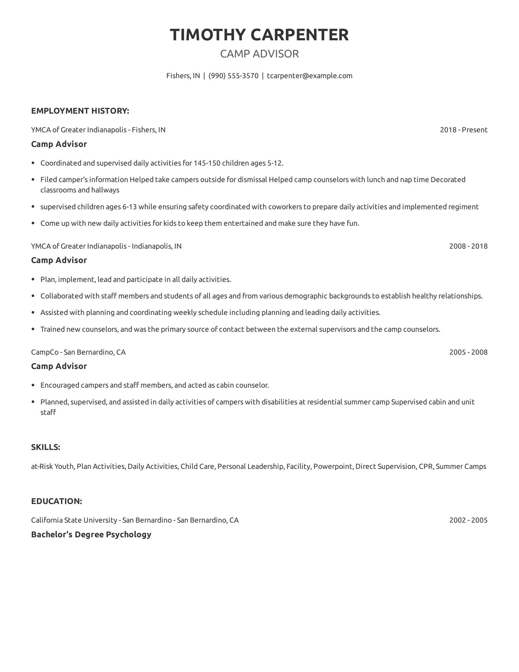 Camp Advisor resume example